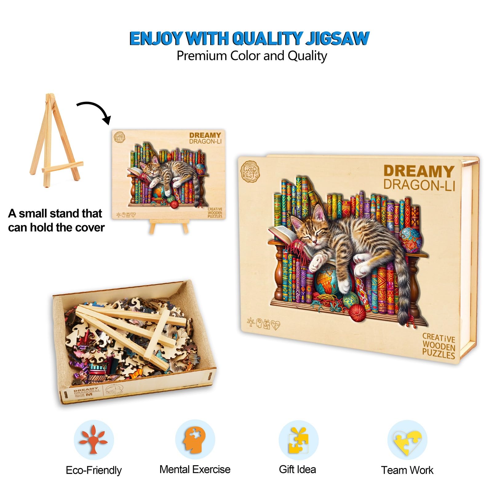 Holzpuzzle Erwachsene, Verträumter Drache-Li Katze Holz Puzzle Erwachsene, 34x29cm Wooden Puzzle, Unregelmäßige Einzigartige Puzzle, Holzpuzzle Tierform, Holz Puzzle Mit Geschenkbox Aus Holz