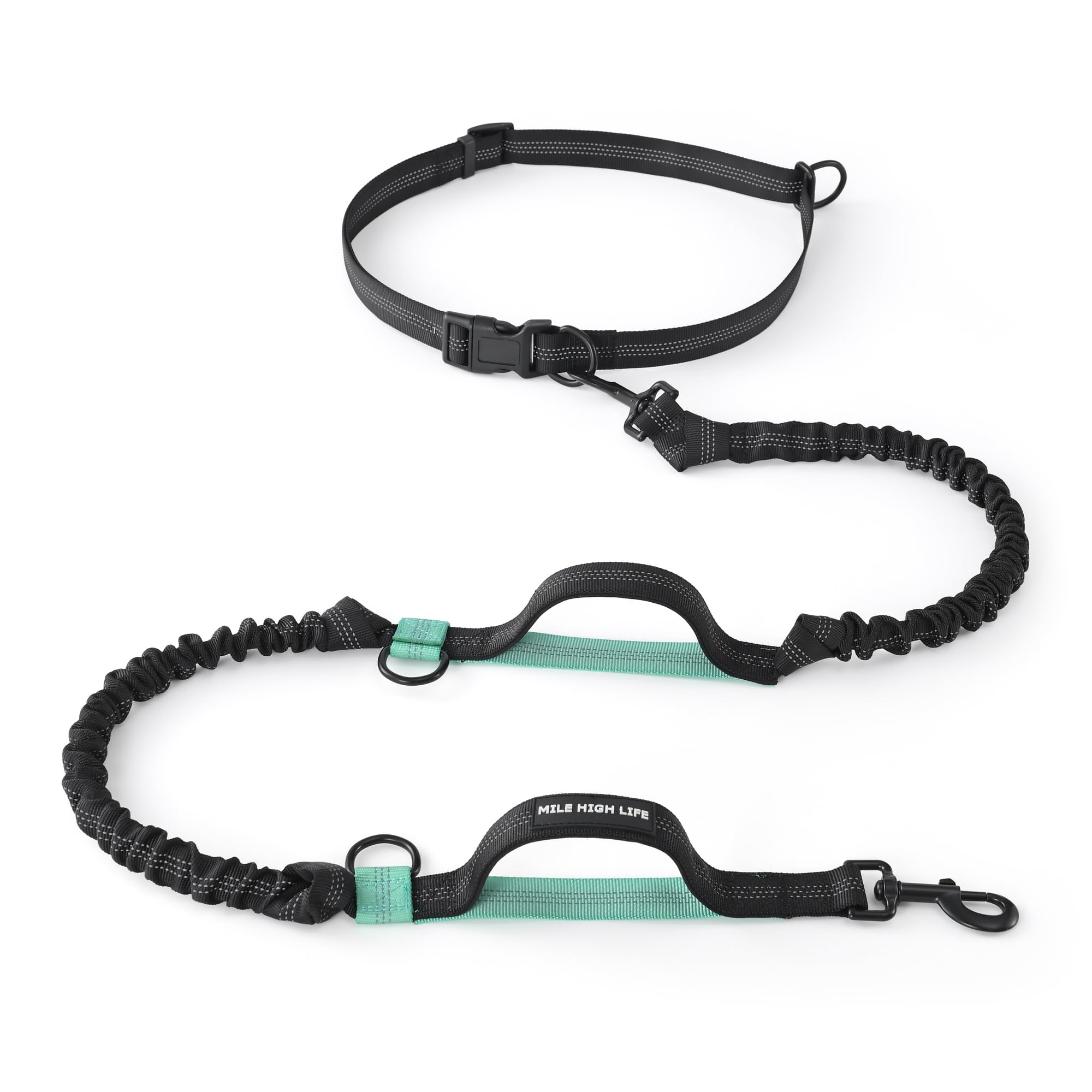 Mile High Life Hands Free Waist Leash for Dog Running Training and Jogging, Adjustable Belt with Double Handle, Reflective Bungee for Medium Large Dogs (Black Teal, 7FT)