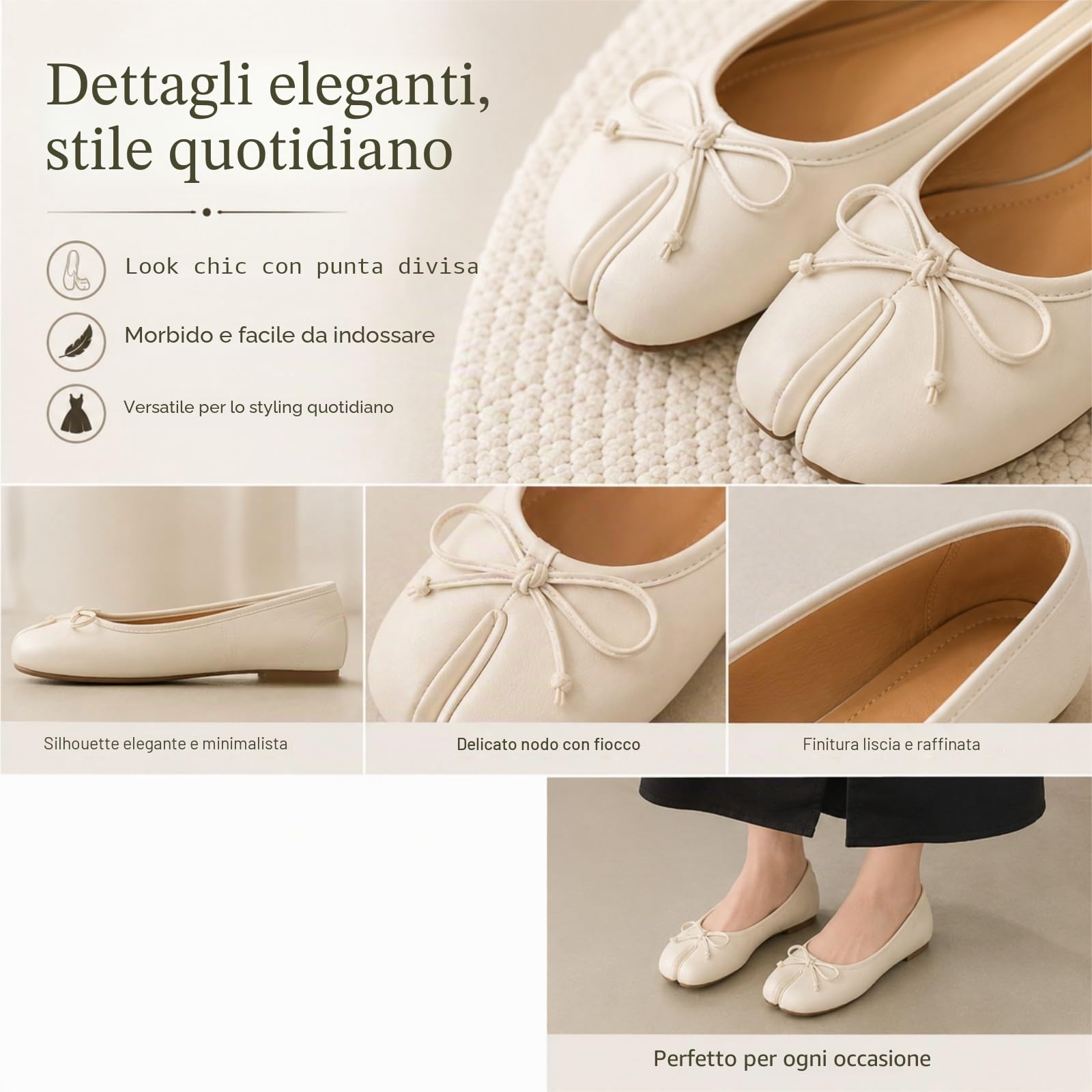 JCVBN - Scarpe basse da donna con punta divisa e fiocco, in morbida pelle, con fiocco sul davanti, basse, senza lacci, ballerine