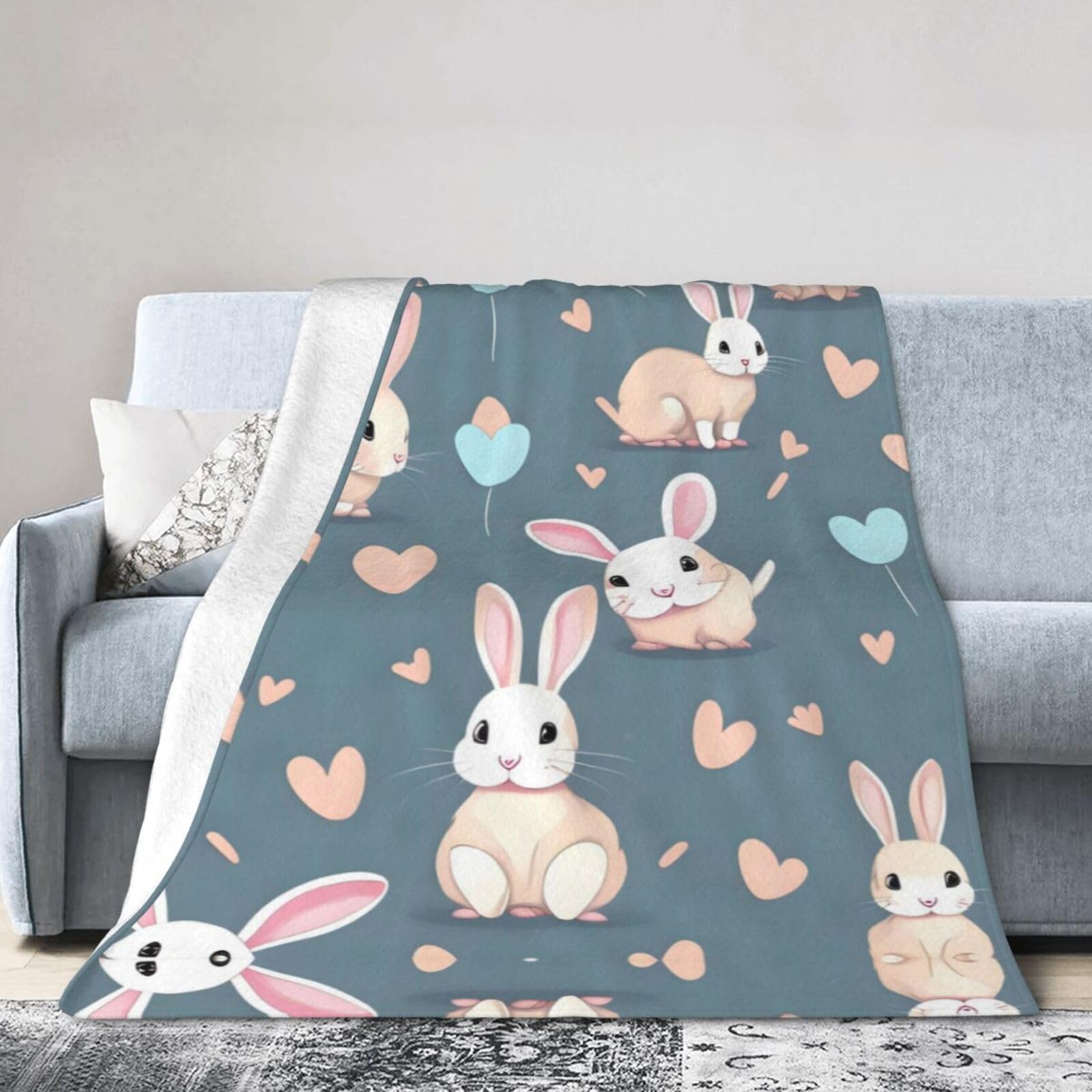 Cartoon Cute Bunny 60"x50" Fleece Blanket, Full Size, Super Soft, Suitable for Bed, Sofa, Camping, All Seasons