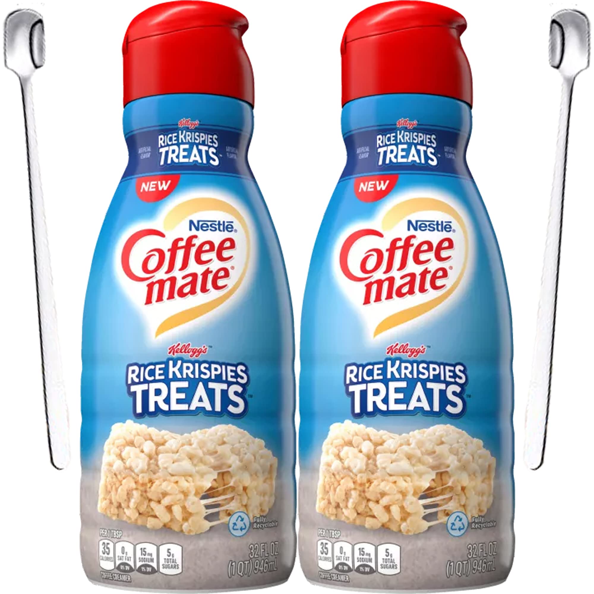 Coffee Mate Rice Krispies Coffee Creamer Bundle. Includes Two (2) 32 fl oz bottles of Coffee Mate Rice Krispies Treats Liquid Coffee Creamer and Two (2) Stainless Steel Stir Sticks!