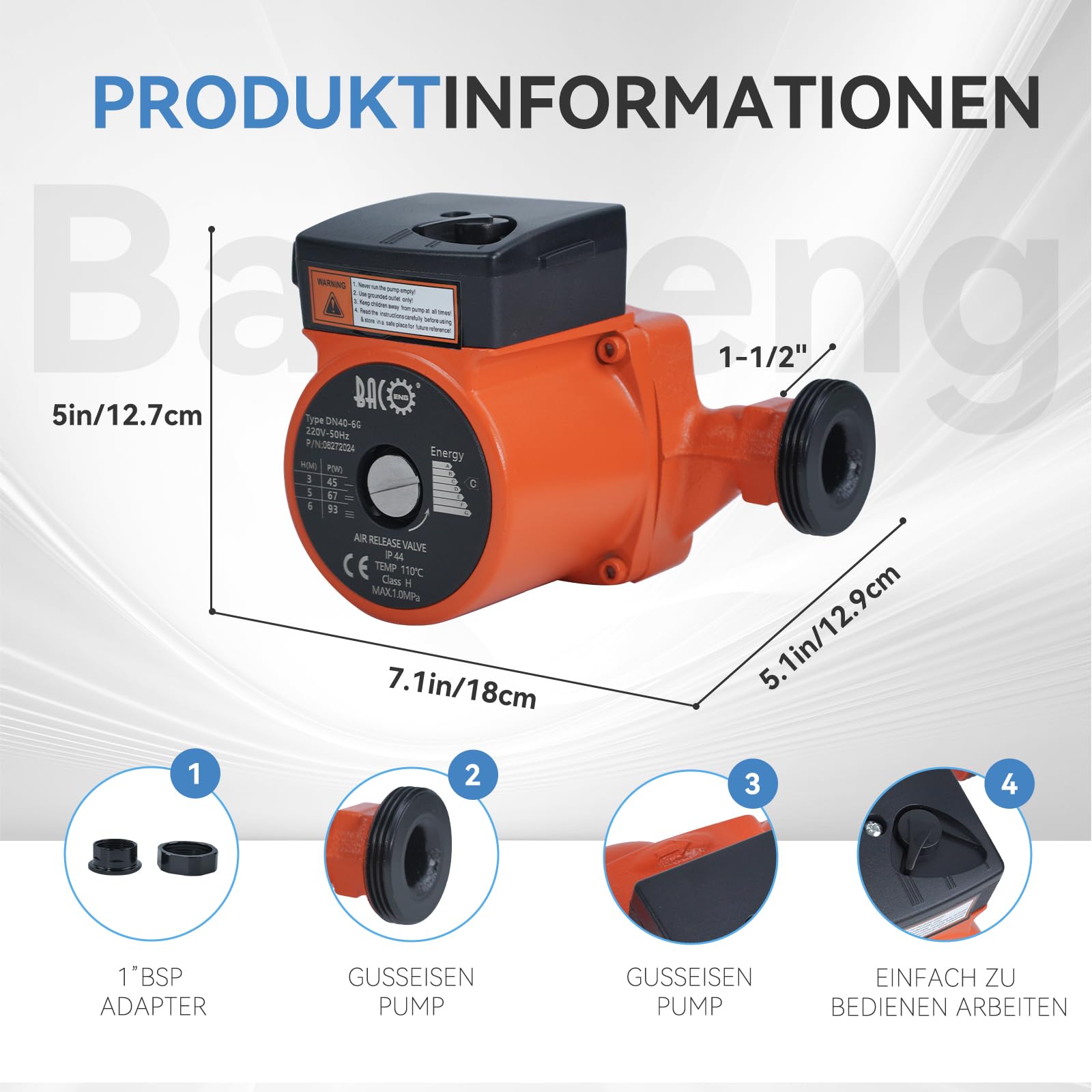 BACOENG Pompa di Circolazione Pompa di Riscaldamento RS 25/6-180 Circolatore Pompa Acqua per Riscaldamento Centralizzato 220V/50 Hz