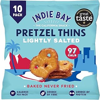 Indie Bay Snacks - Pretzel Thins Lightly Salted (10 x 24g) - Healthy Crisps - Vegan Crisps - Low Calorie Snacks - Plant-based Protein - No added sugar