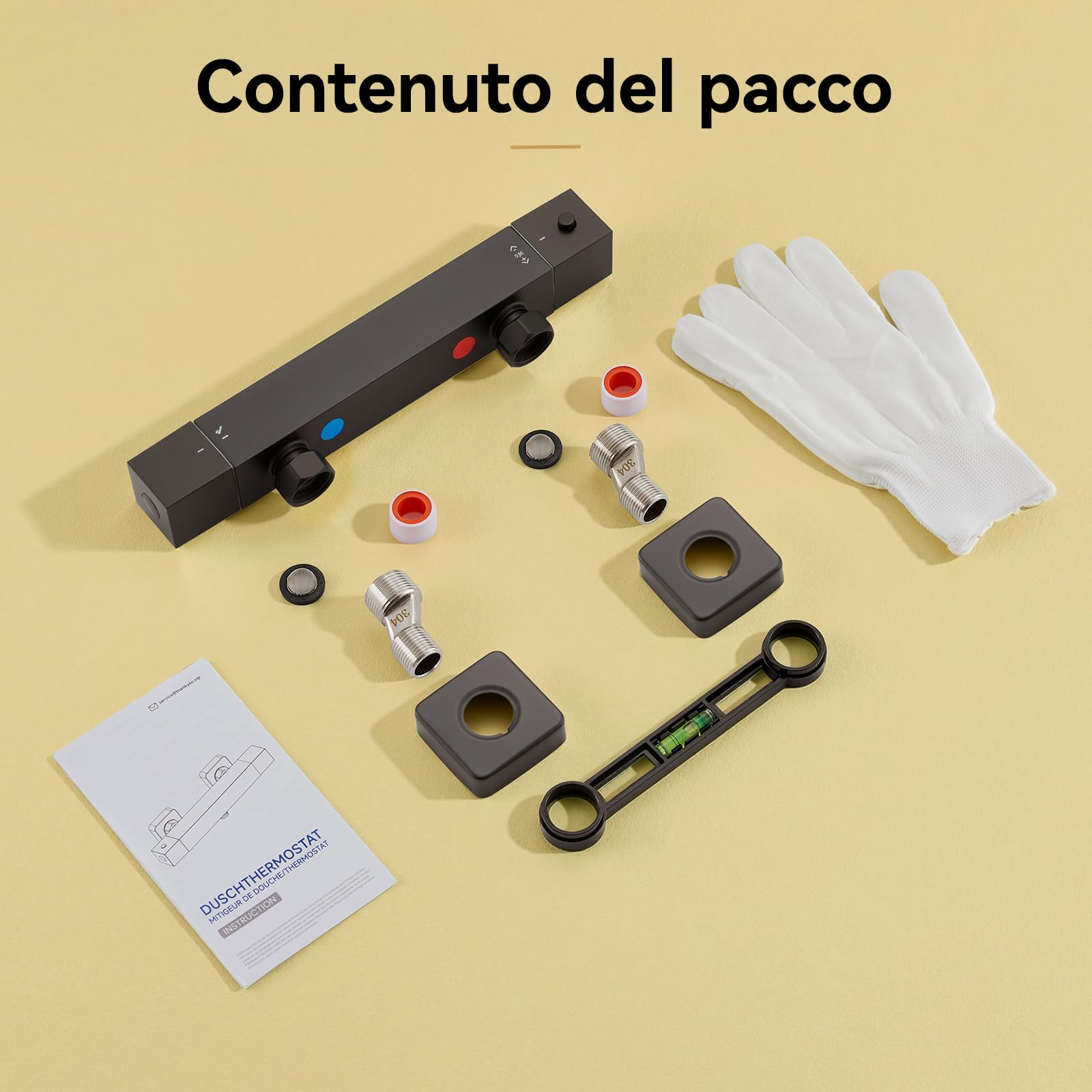 Auralum Miscelatore Termostatico Doccia Nero Rettangolare, Rubinetto Doccia da Muro Esterno, Miscelatore Doccia con Deviatore per Asta Doccia Saliscendi con Soffione e Doccetta, per Vasca da Bagno