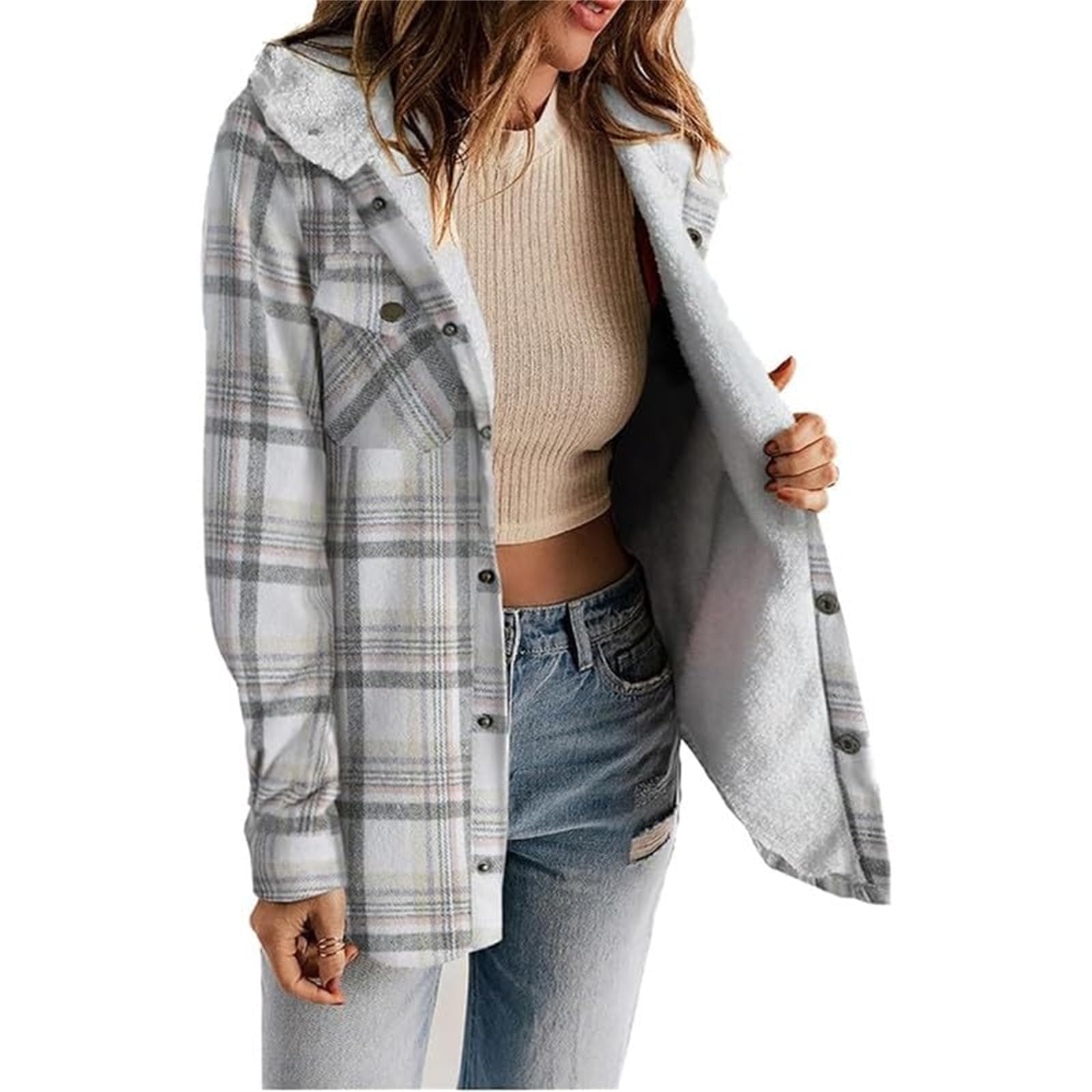Abrigo Con Capucha Y Botones En La Parte Delantera Con Estampado A Cuadros Exclusivo Para Mujer 2024, Chaqueta Con Capucha A Cuadros Para Mujer, Chaquetas Con Capucha A Cuadros
