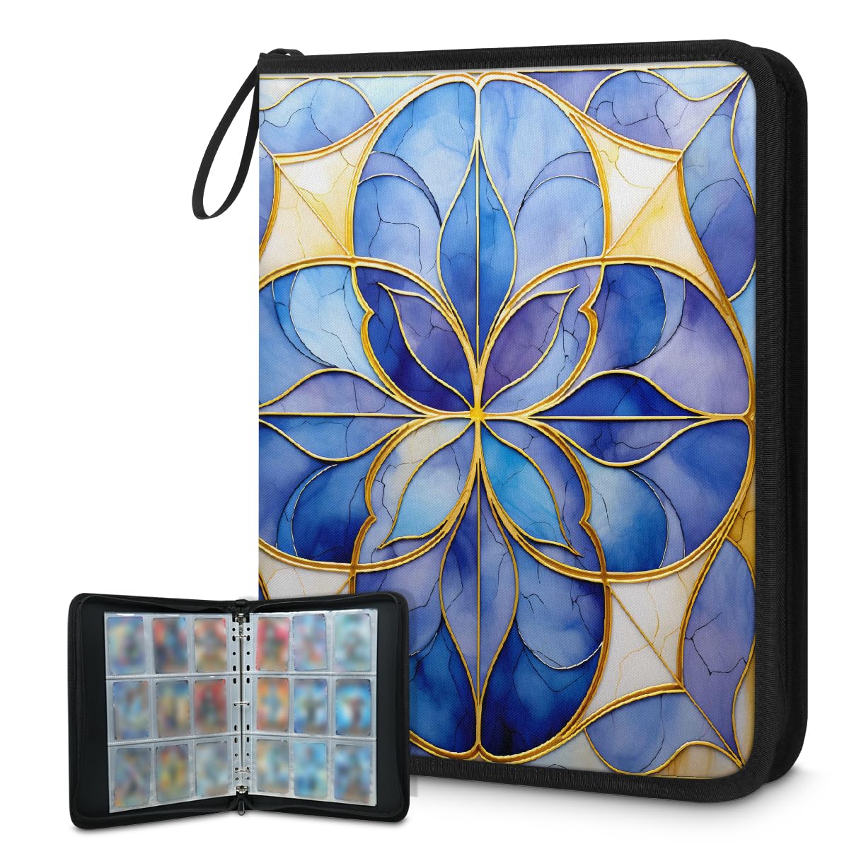 Raccoglitore per carte con 9 tasche, 900 tasche, con chiusura a cerniera (stampa viola oro marmo)