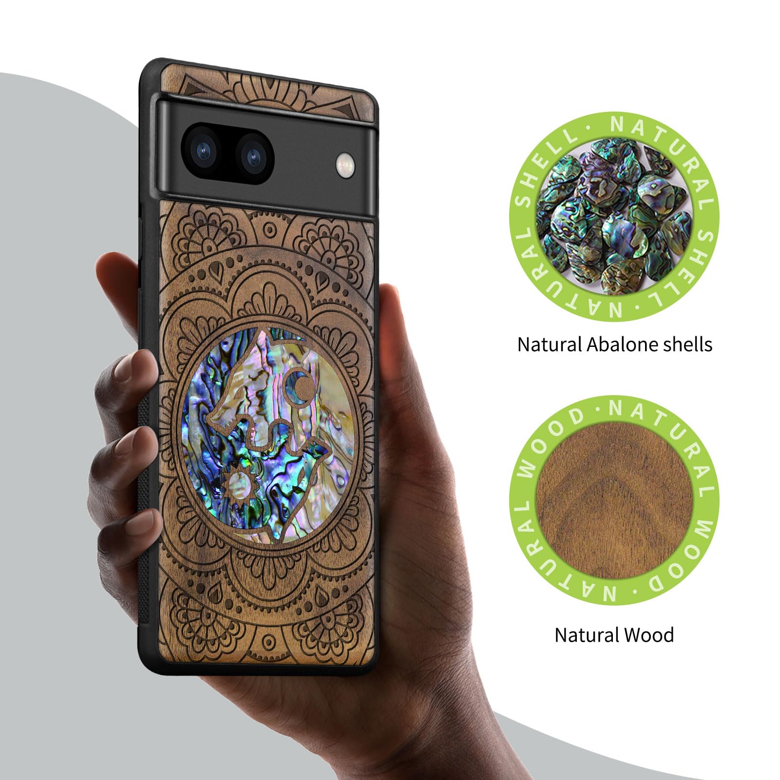Carveit Coque Pour Google Pixel 7a Étui De Protection [Gravure En Bois Et Incrustation De Coquille] Cover Compatible Avec Pixel 7a Luxe Et Personnalité Etui Bois (Noyer-Coquille Yin Yang Loup