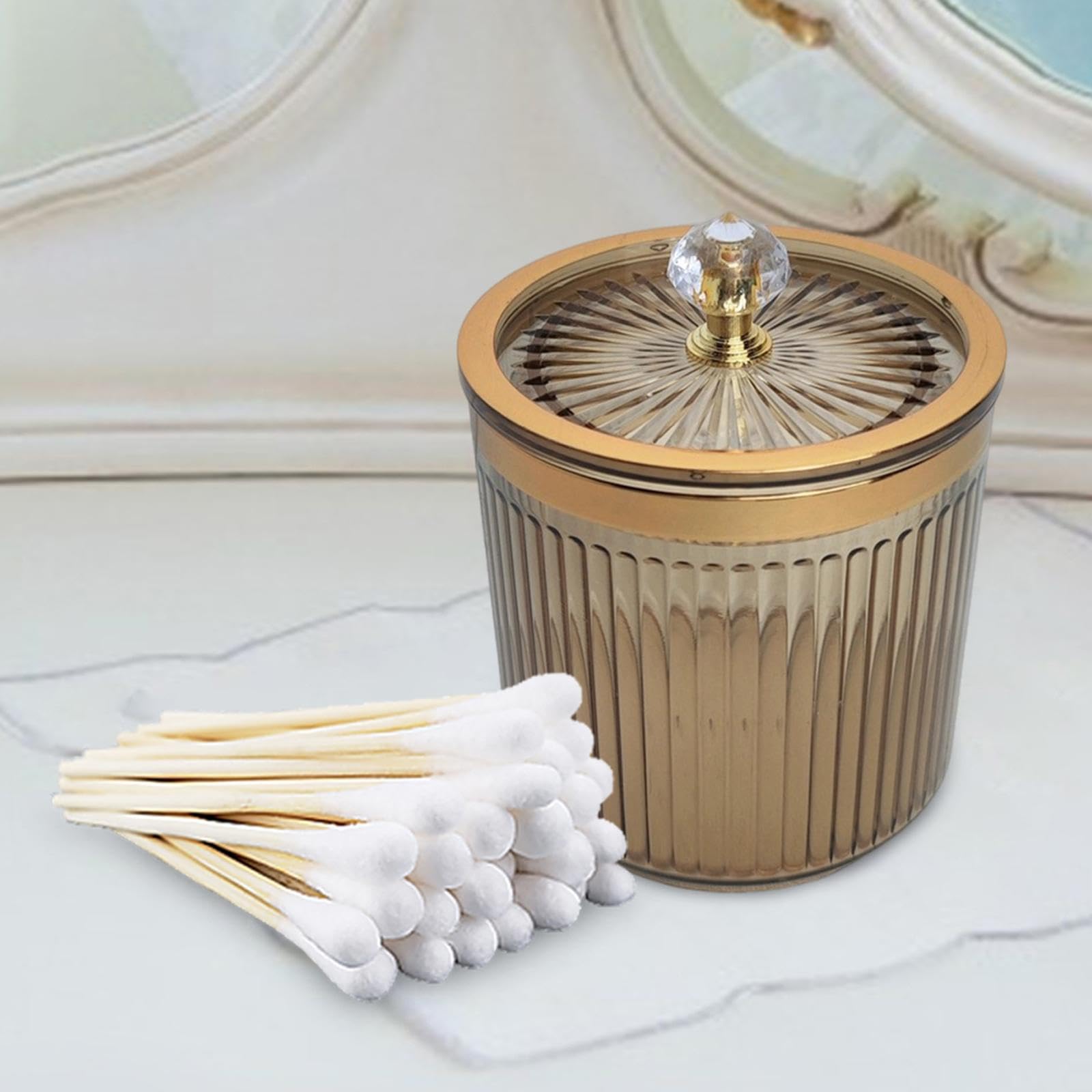 Amagogo Bathroom Qtip Dispenser Jar Swab Holder Canister with Lid Dustproof Makeup Pads Container for Countertop Restroom Dresser Desktop Home, Brown