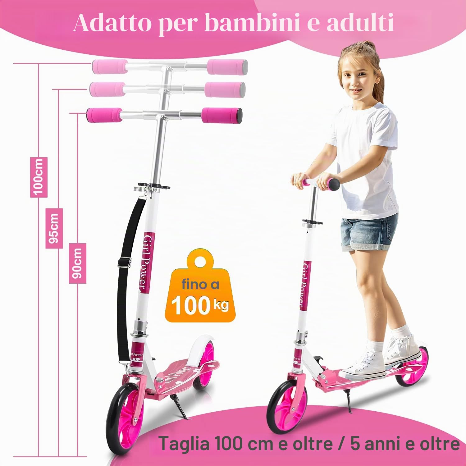 Monopattino per bambini, regolabile in altezza per 5 anni, monopattino per bambini con ruote da 190 cm, pieghevole con tracolla