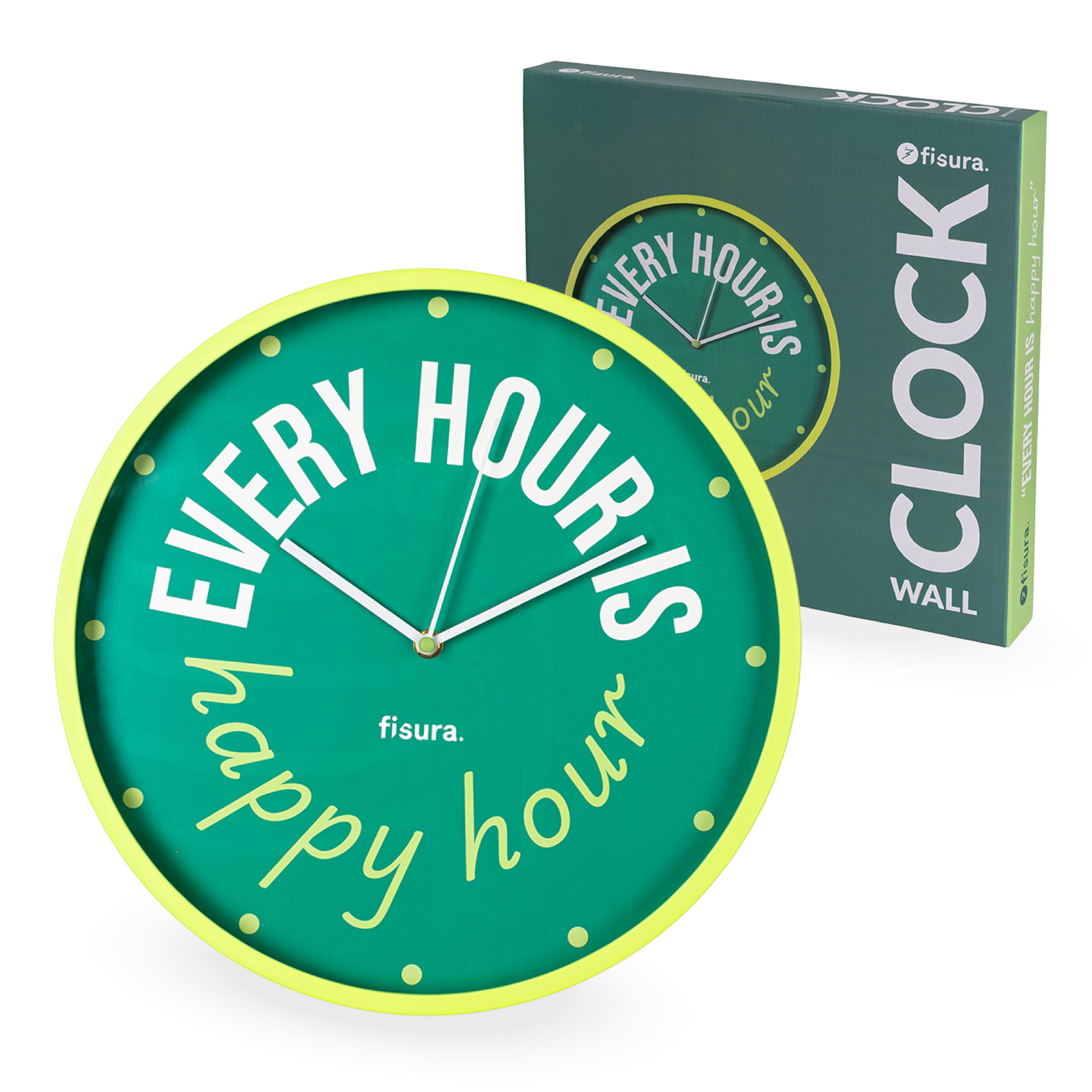 Fisura – Original Wall Clock Every hour is happy hour. Silent Wall Clocks for Living room, Kitchen, Office, Bedroom. Modern Design in Green 35cm. Requires 1 AA Battery (Not Included)