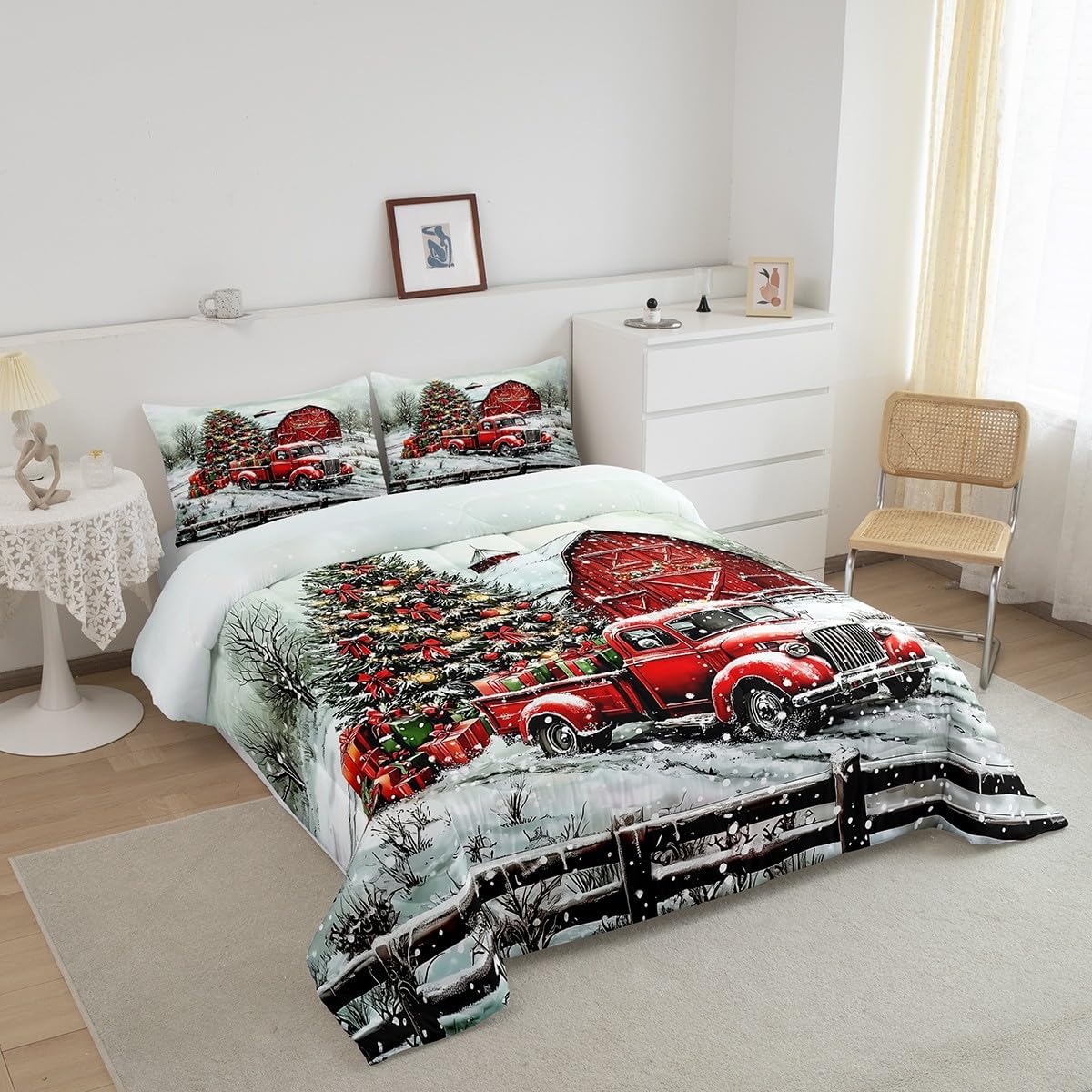 Red Car Full Size Comforter Set,Christmas Tree Bedding Set for Adults Teens,Children Snow Scene Comforter Luxury Bow and Bell Quilt Set Room Decor 3Pcs