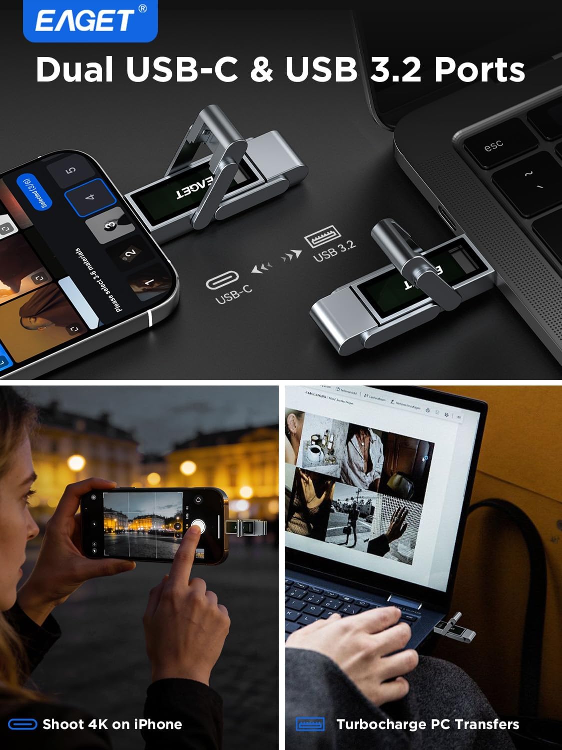 Eaget Clé USB 127 Go, USB-C double port avec USB 3.2, 560 Mo/s haute vitesse pour iPhone 15/16/17 Pro, Android, Mac, PC, PS5 – Corps en métal durable et SSD portable
