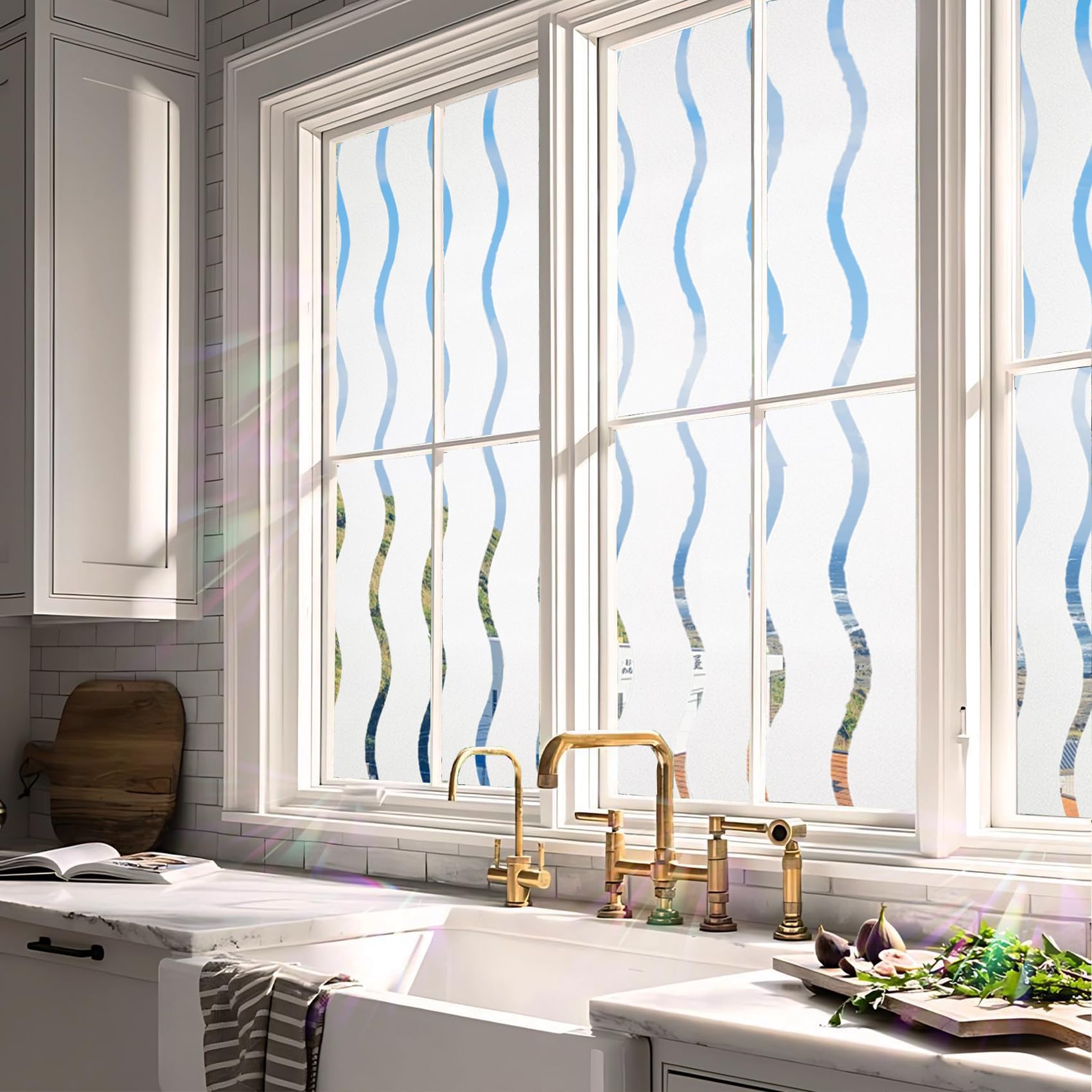 Vinilo para Ventana 90 x 850 cm, Electricida Estática, Decorativa, Anti Sol, Control de Calor y Anti UV, Lámina Electricidad Estatica, para Cristal Bano Cocina, Ola