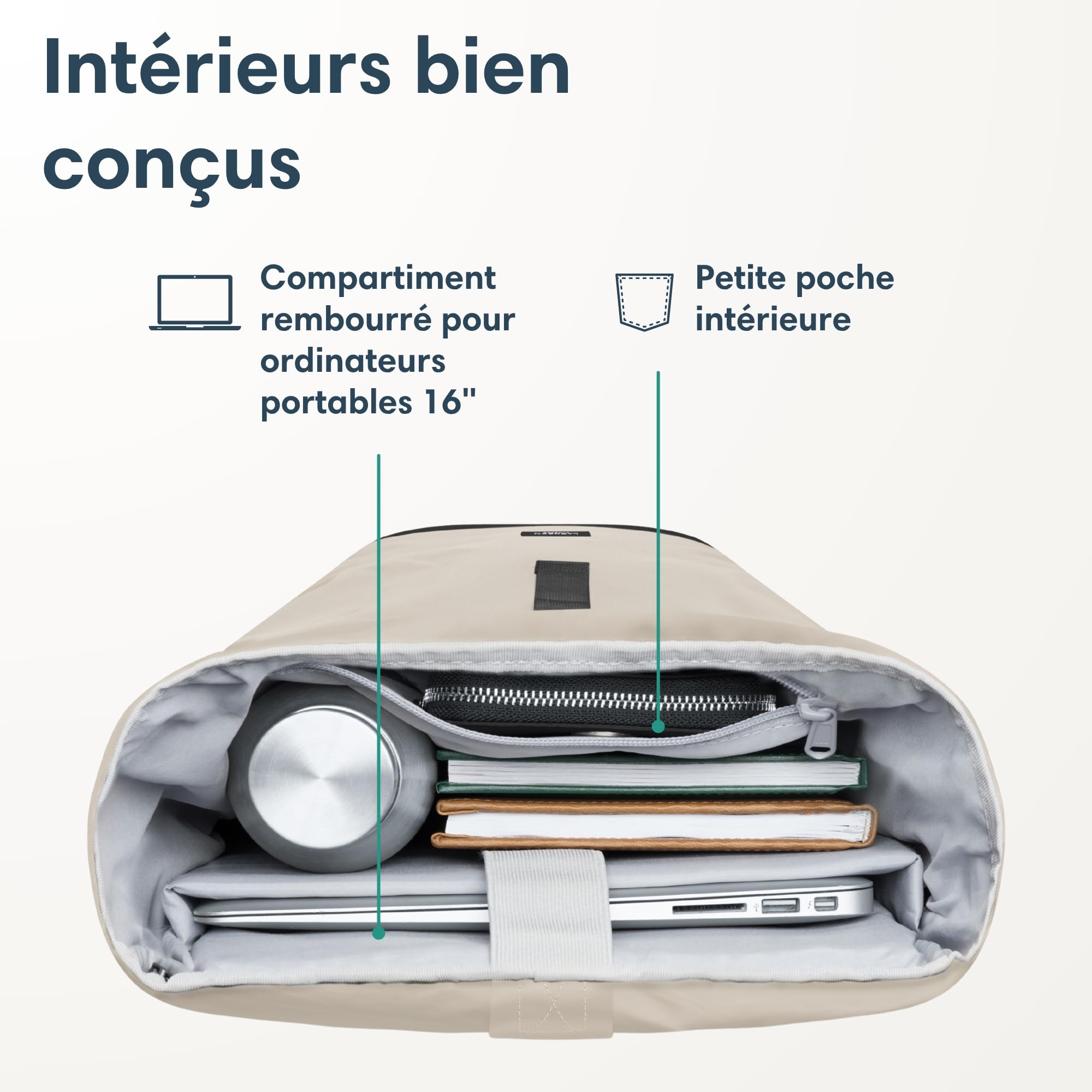 LARKSON Sac à Dos Femmes & Hommes Beige Gris - Janne Small - Petit Sac à Dos Rolltop avec Compartiment pour Ordinateur Portable - Pour Université Travail Voyages & Vélo - Hydrofuge
