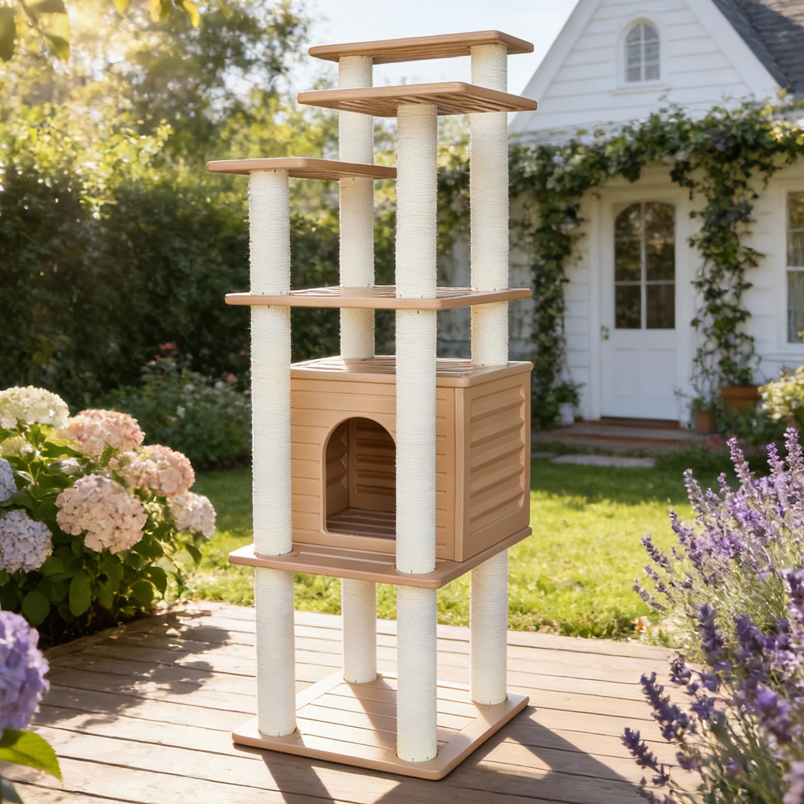62” Tall Cat Tree for Outdoor and Indoor Cats, Weatherproof Large Outdoor Cat Condo with Scratching Posts