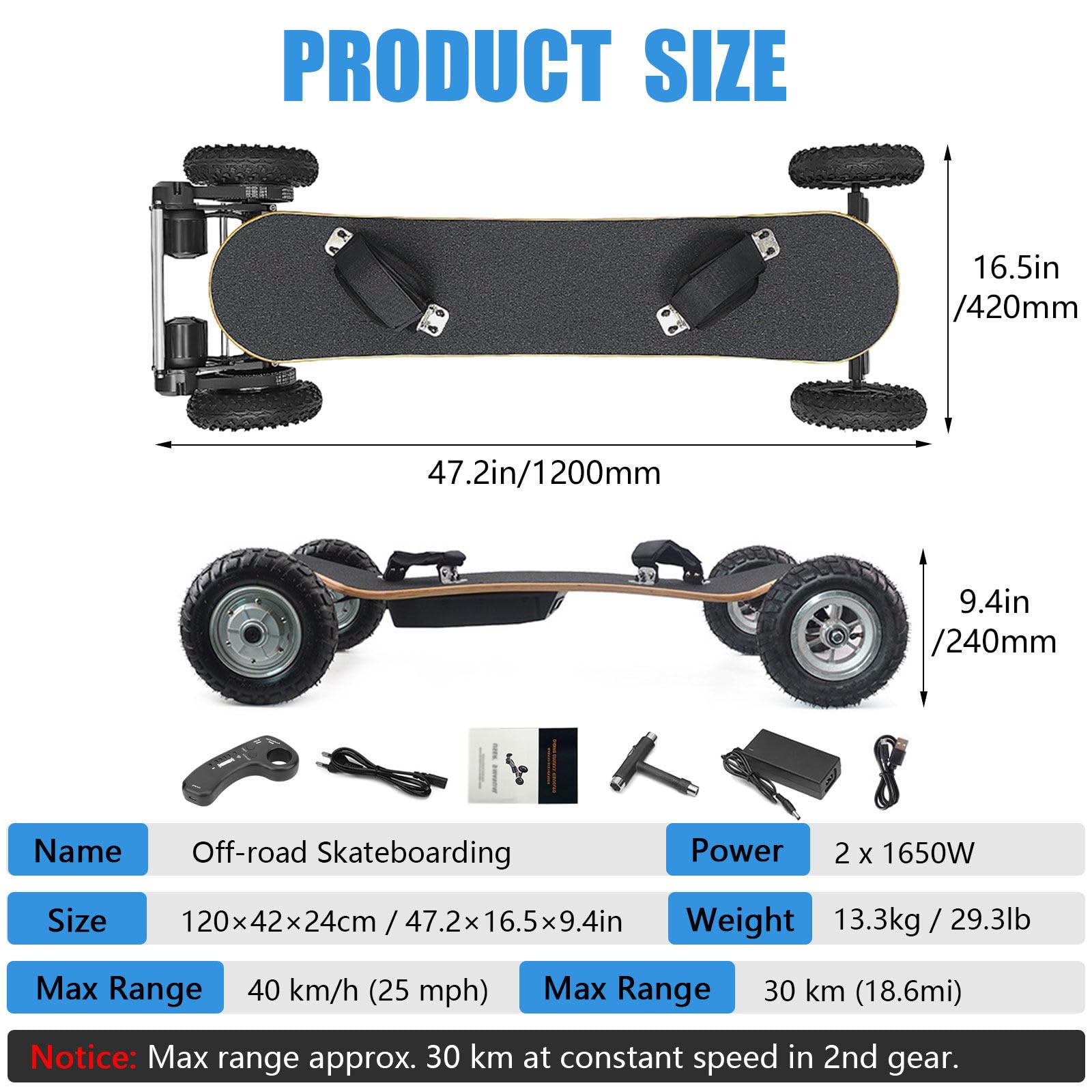 Longboard Skateboard, mountainboard Tout Terrain, Plateau 10 Plis, amortisseurs performants, Max 30 km Range at Steady 2nd Gear Speed, idéal Campus et trajets Routiers Rounded-Corners