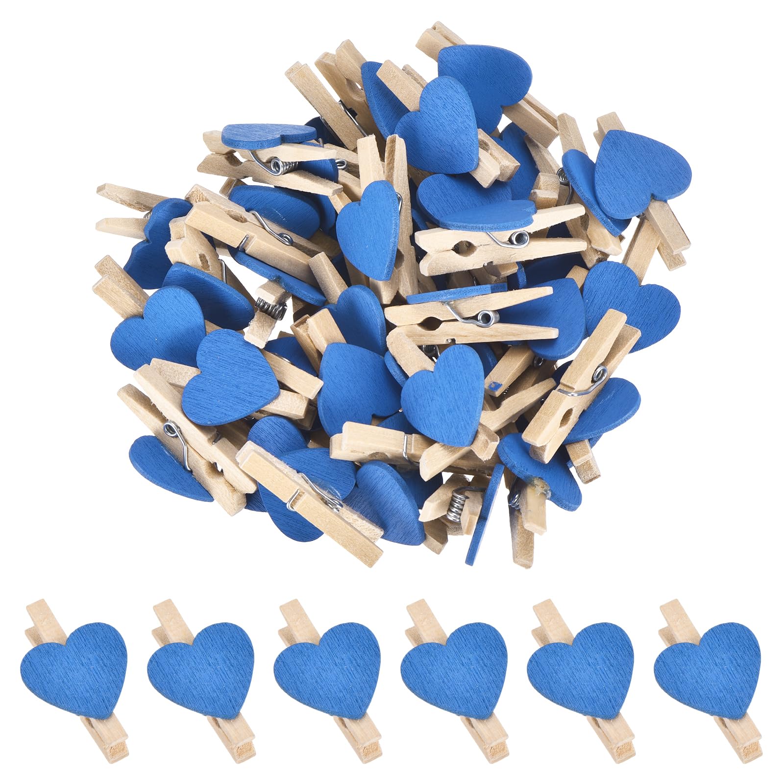 sourcing map 50Pcs Mini Heart Photo Clips, 3cm Wooden Clothespins for Pictures Small Clothes Pins for Hanging Memo Card DIY Crafts Paper Photo Postcard Wedding Display, Deep Blue