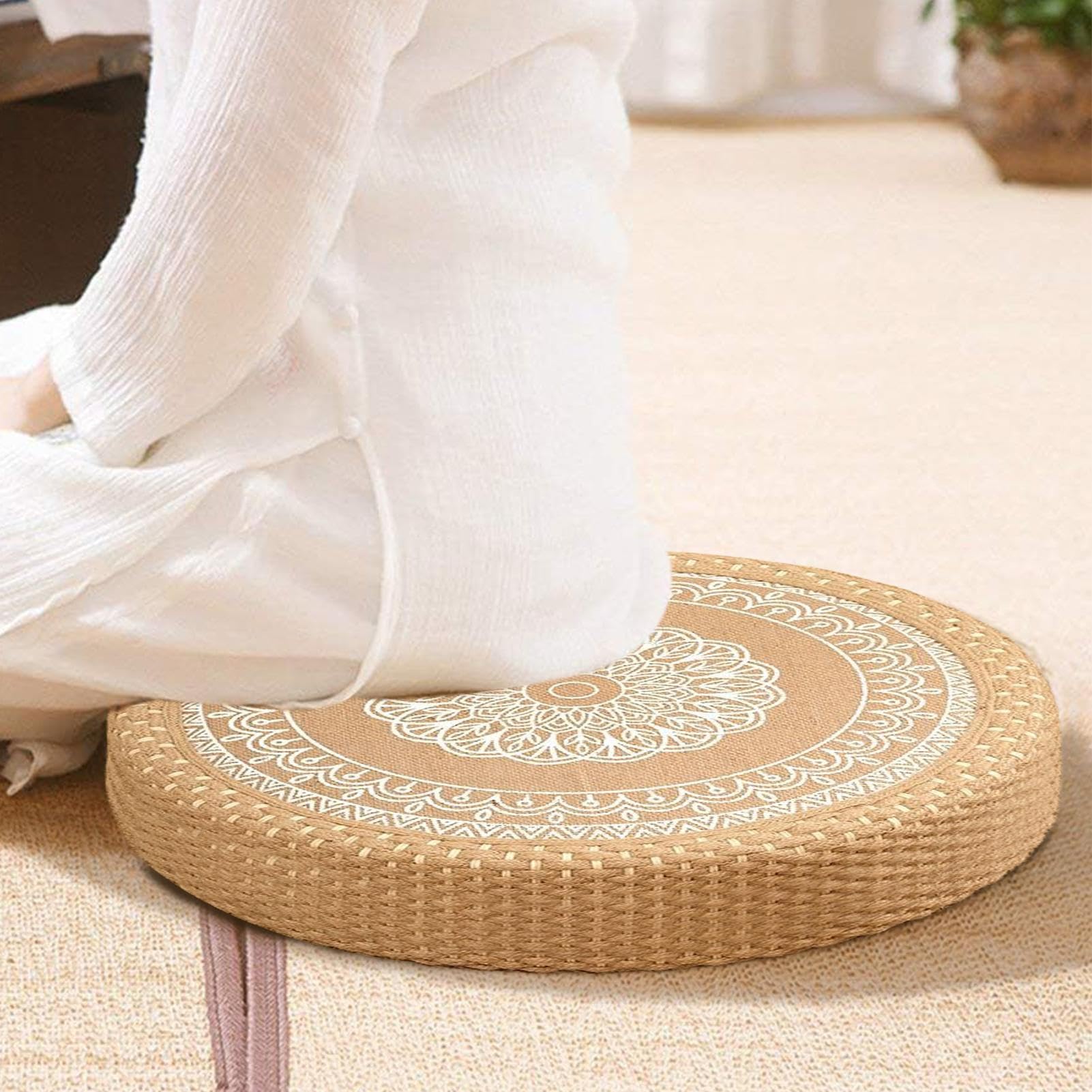 Cuscino Da Meditazione Per Pavimento - Cuscino Yoga Rotondo Intrecciato A Mano,Base Stabile Antiscivolo Per Soggiorno, E Attività Yoga All'Aperto
