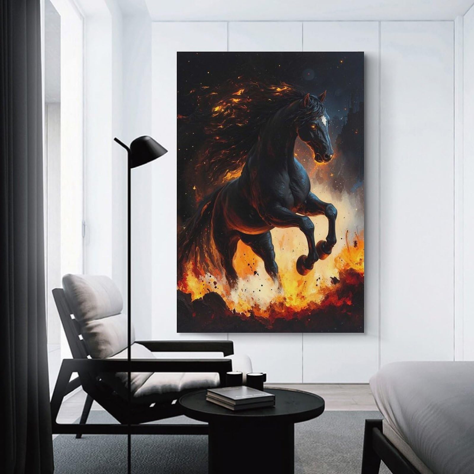 Junmoney Hanging Wall Art Fiery Black Horse, 20x30inch(50x75cm), for Small Homes, Bedrooms Or Open Spaces, Wall Decor with Flexible Room Appeal