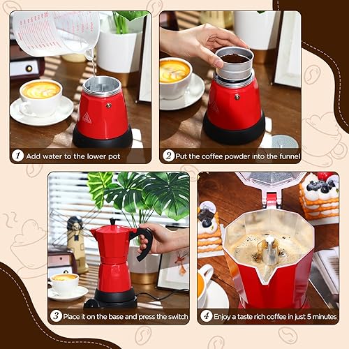 Miniatura 5 de Cafetera eléctrica de 6 tazas de café expreso italiano, máquina de café expreso de aluminio portátil de 10.1 fl oz, cafetera moka con base