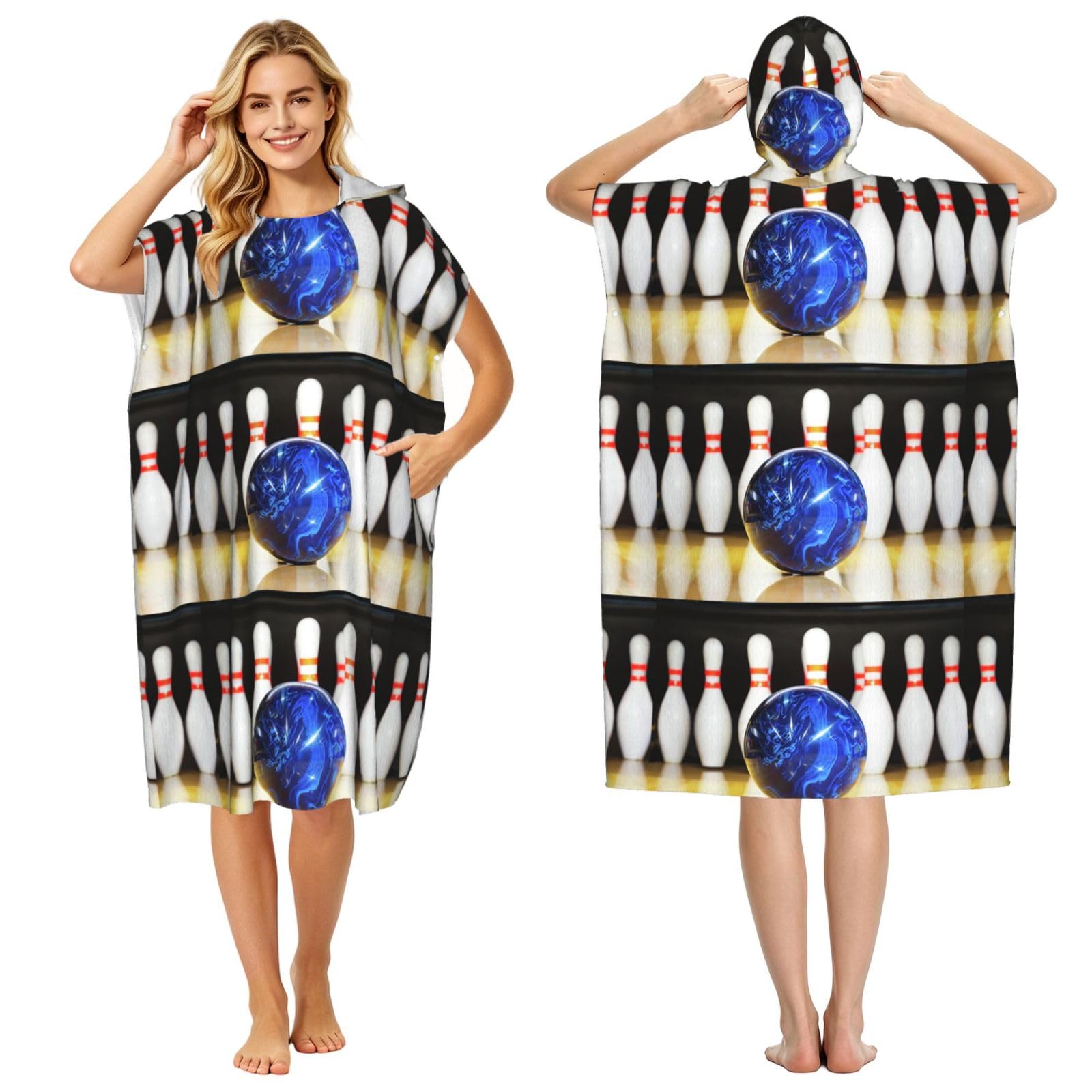 Poadnly Bowling, Adult Hooded Beach Towel 90 x 110 cm,Changing Bath Robe, Surf Poncho Towel For Women Men