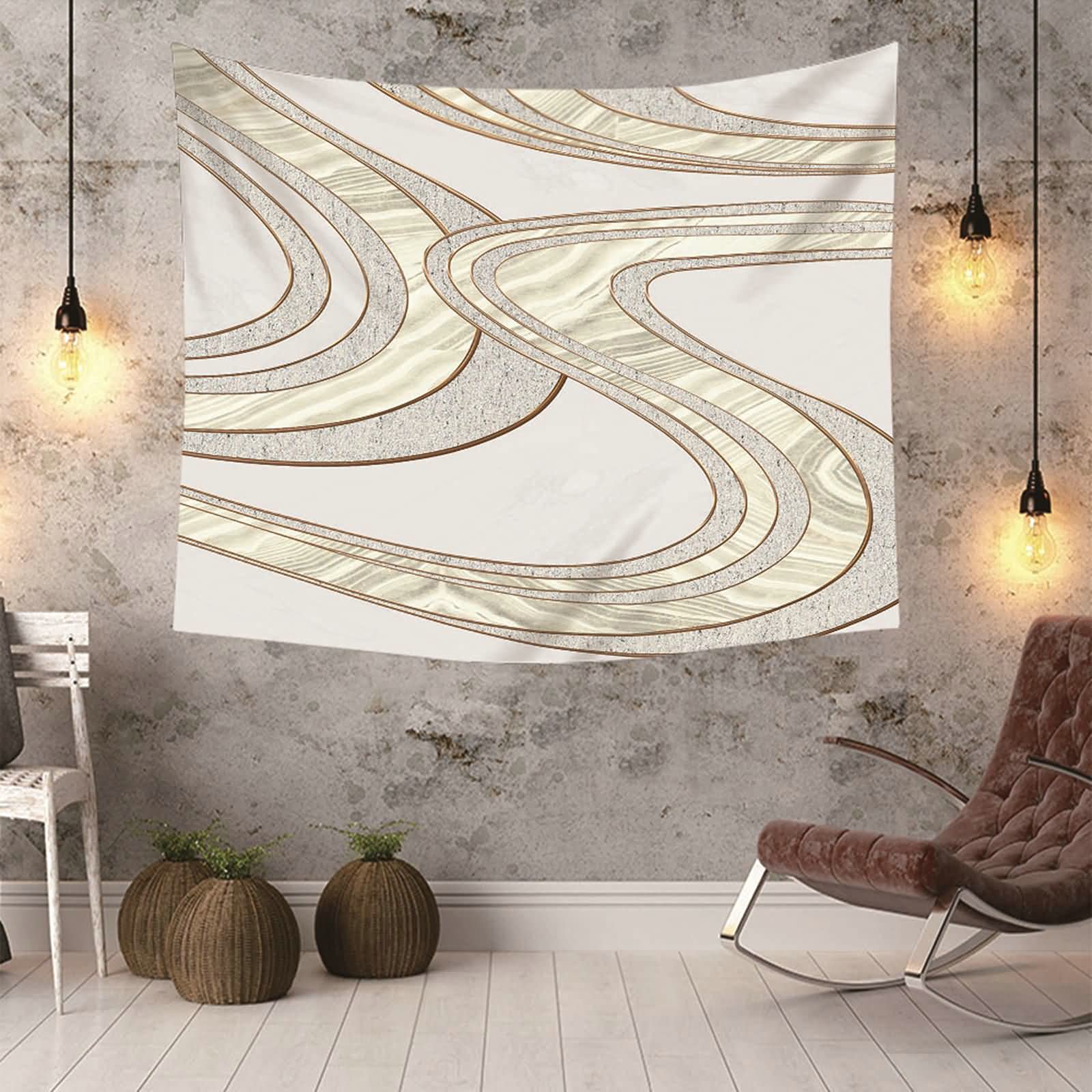 Tapiz de pared, diseño de líneas geométricas, decoración de pared, de poliéster, gris, caqui, 350 x 256 cm