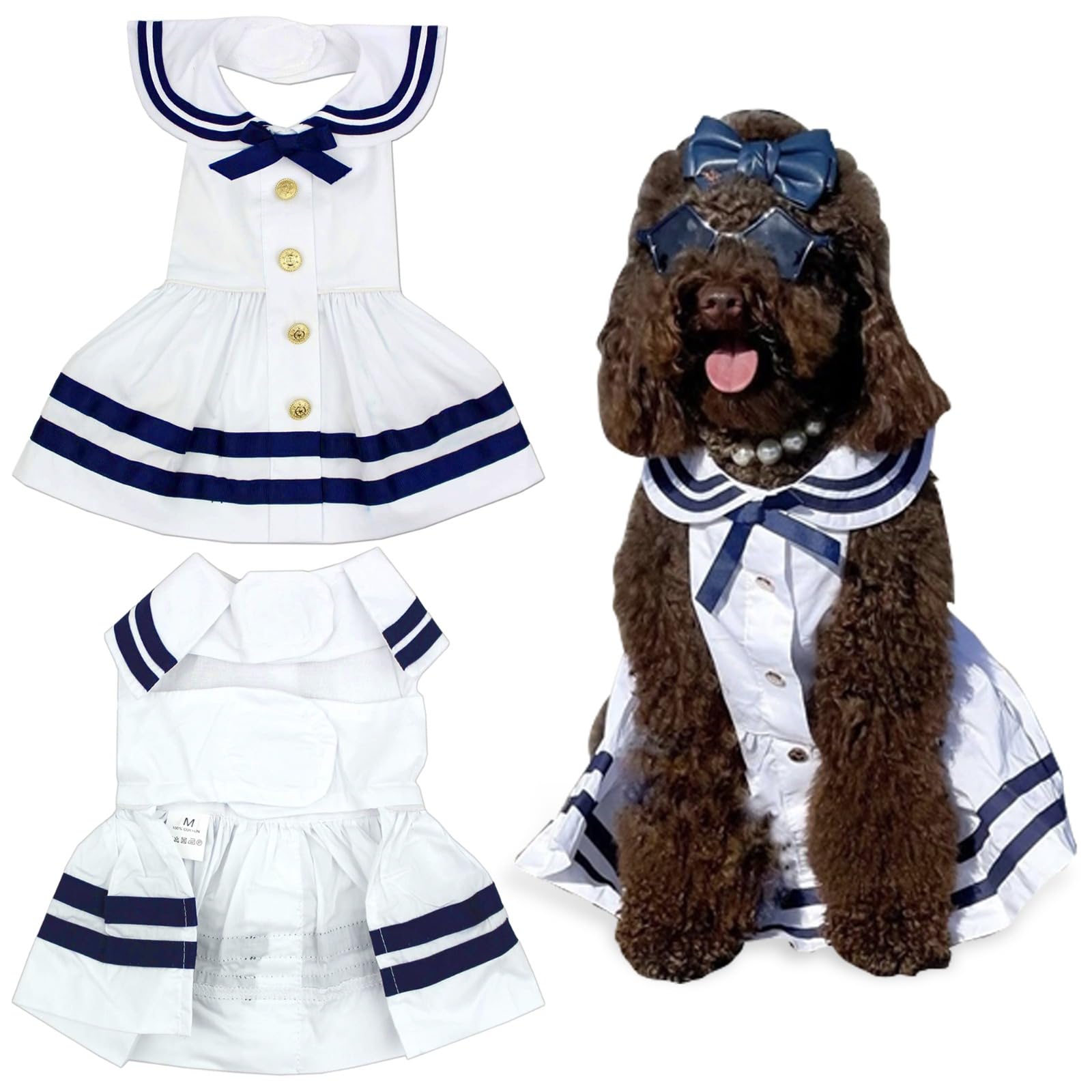 Parisian Pet Dog Dress - Lightweight Sailor Outfit - Breathable Summer Clothes - Pure Cotton White & Blue Dressy Outfit - Large Dog Girl Dress - 2XL