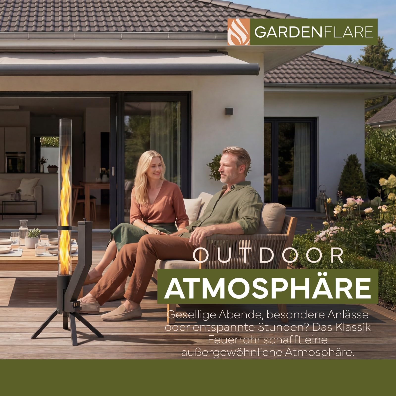 GARDENFLARE Feuerrohr Klassik – Edelstahl Feuersäule und Pelletfackel für Tolles Ambiente Feuer – Rauchfreie Feuerschale Alternative für Terrasse und Garten (Schwarz Pulverbeschichtet) - 3