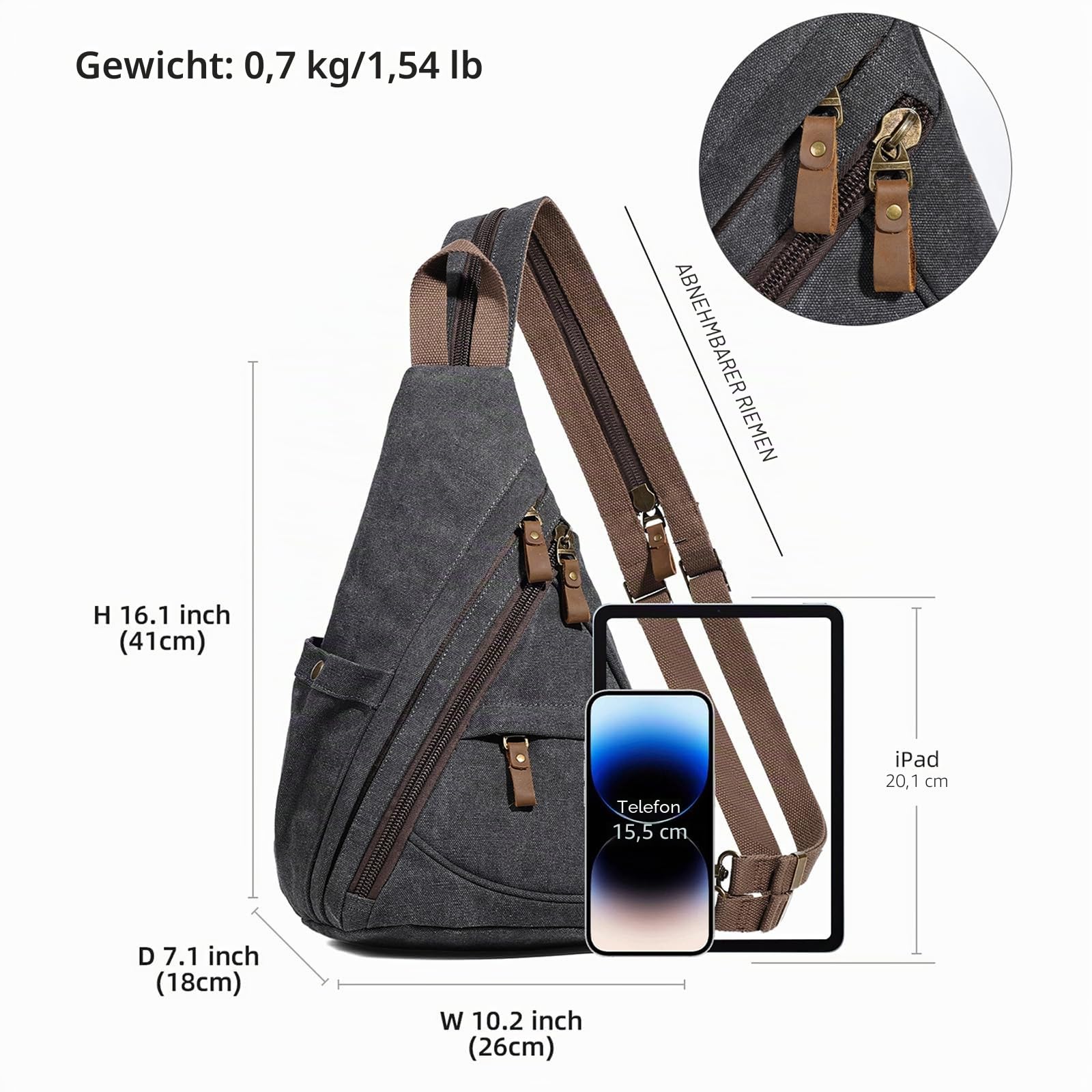 KL928 Canvas Sling Bag Rucksack Damen und Herren – Schulterrucksack Umhängetasche Crossbag Verstellbarem Schultergurt Perfekt für Outdoorsport, Wandern, Radfahren, Bergsteigen, Reisen