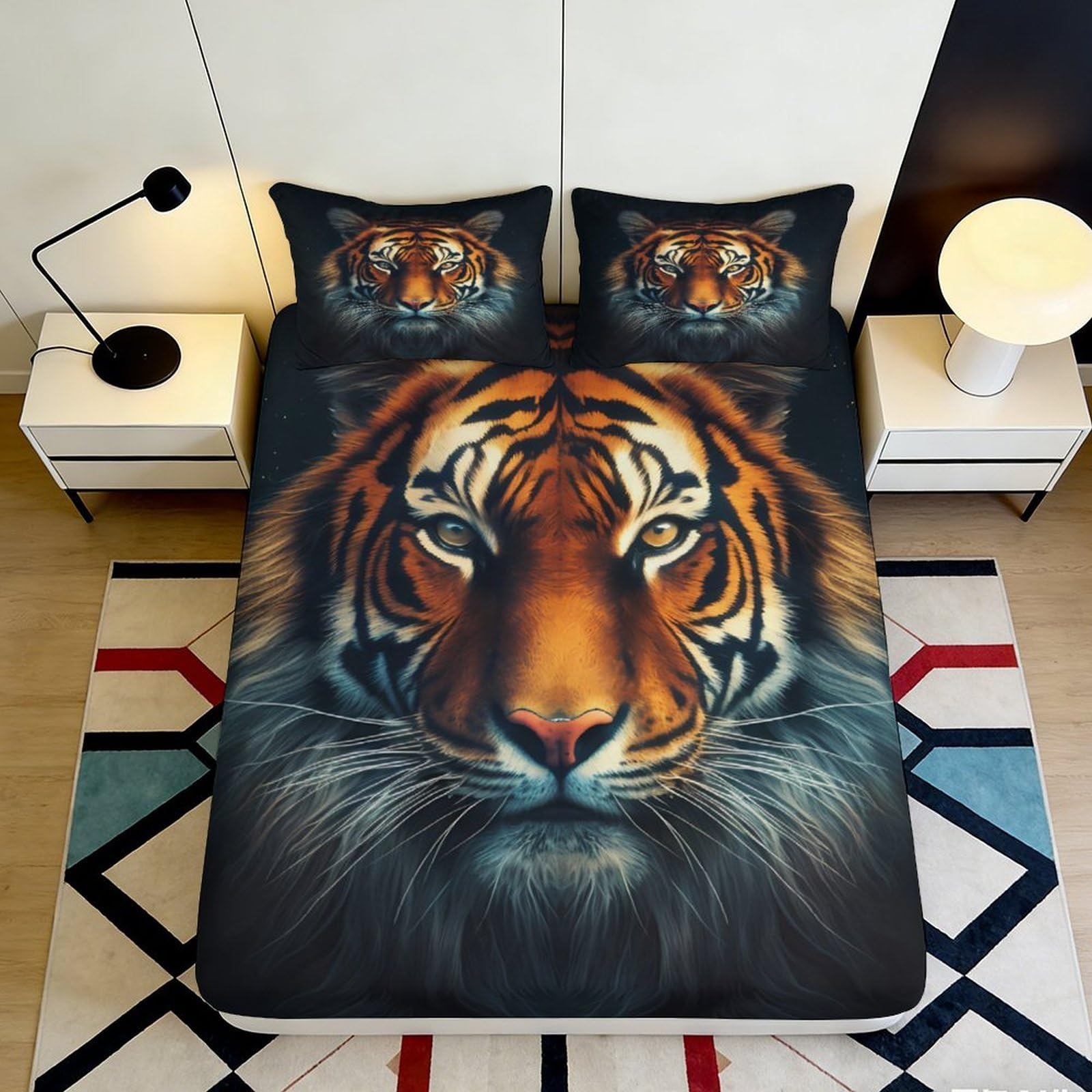 3D Printed Tiger Face Fitted Sheet Microfiber Soft Non-Slip Mattress Cover for Bedroom Dorm Decor Machine Washable 120x200x25cm