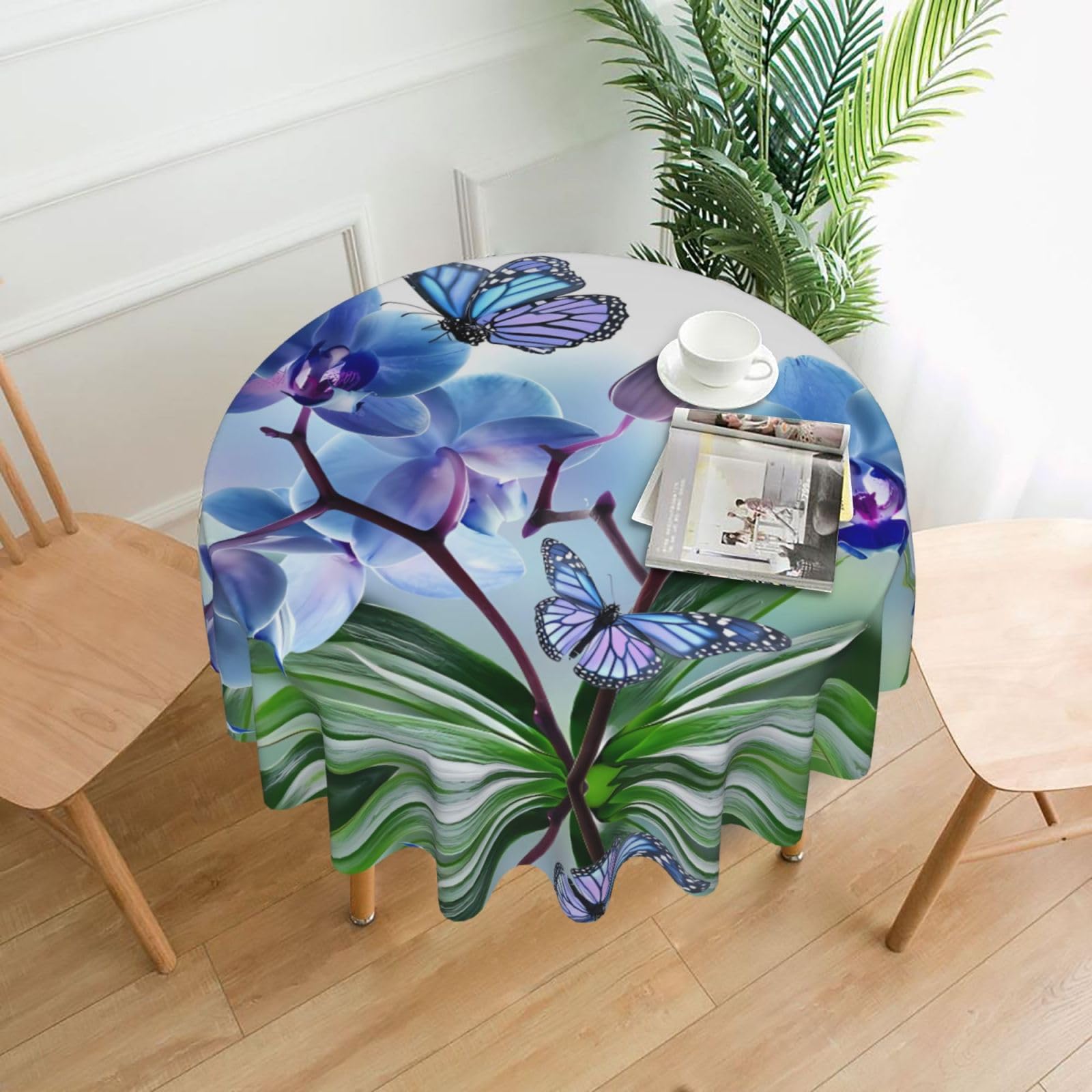 WHJSHOP Flower Butterfly Prints Round Table Throw 60 Inch – Waterproof Table Cover for Dining, Coffee Tables, Parties & More - Soft, Wrinkle-Resistant Table Layer