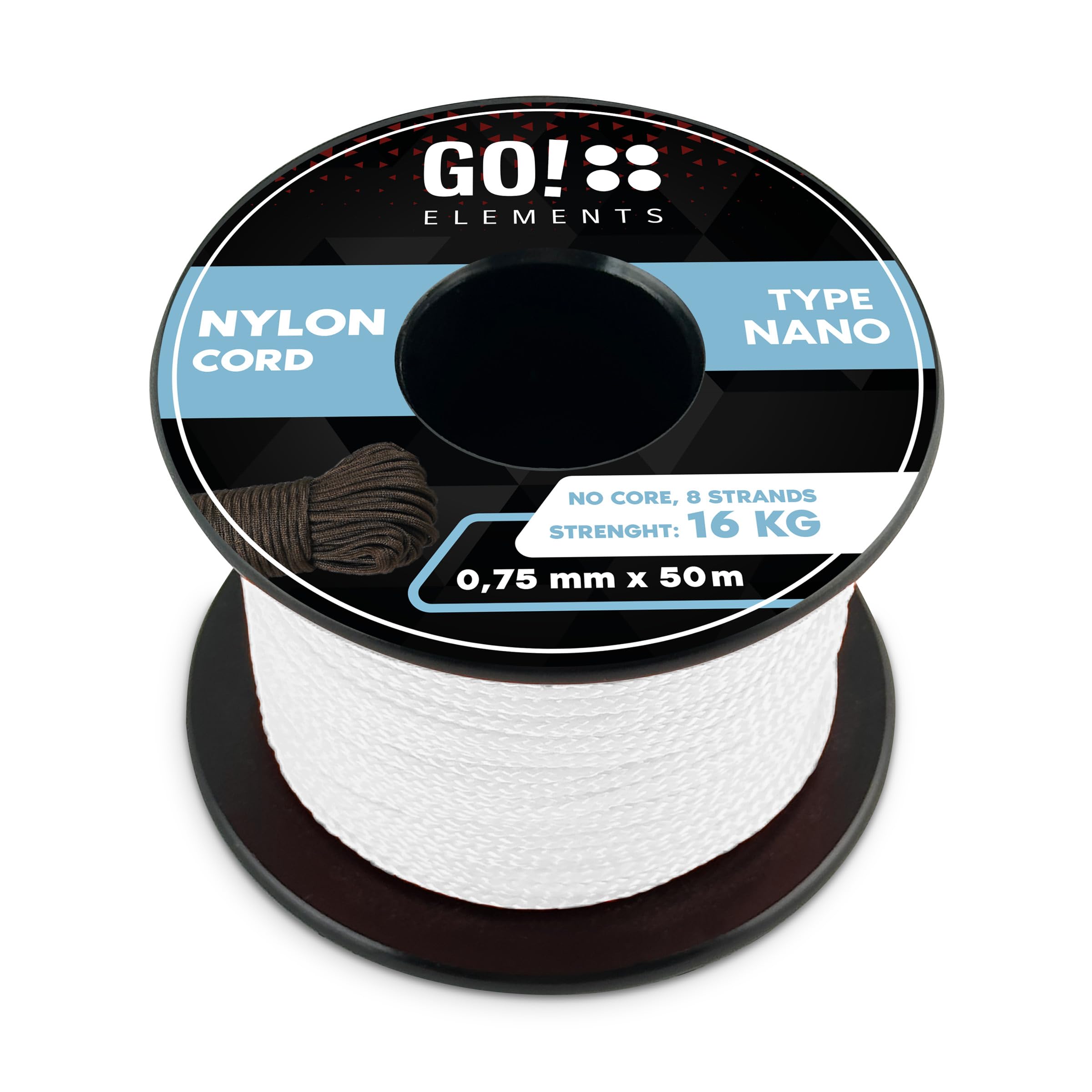 GO!elements Nano Cord | Cuerda de albañil | Filigrana, delgada y extremadamente estable | Cuerda de nylon 100% | ø 0,75 mm - Sin núcleo - Max. 16 KG - Resistente a la rotura | Cuerda para DIY, camping