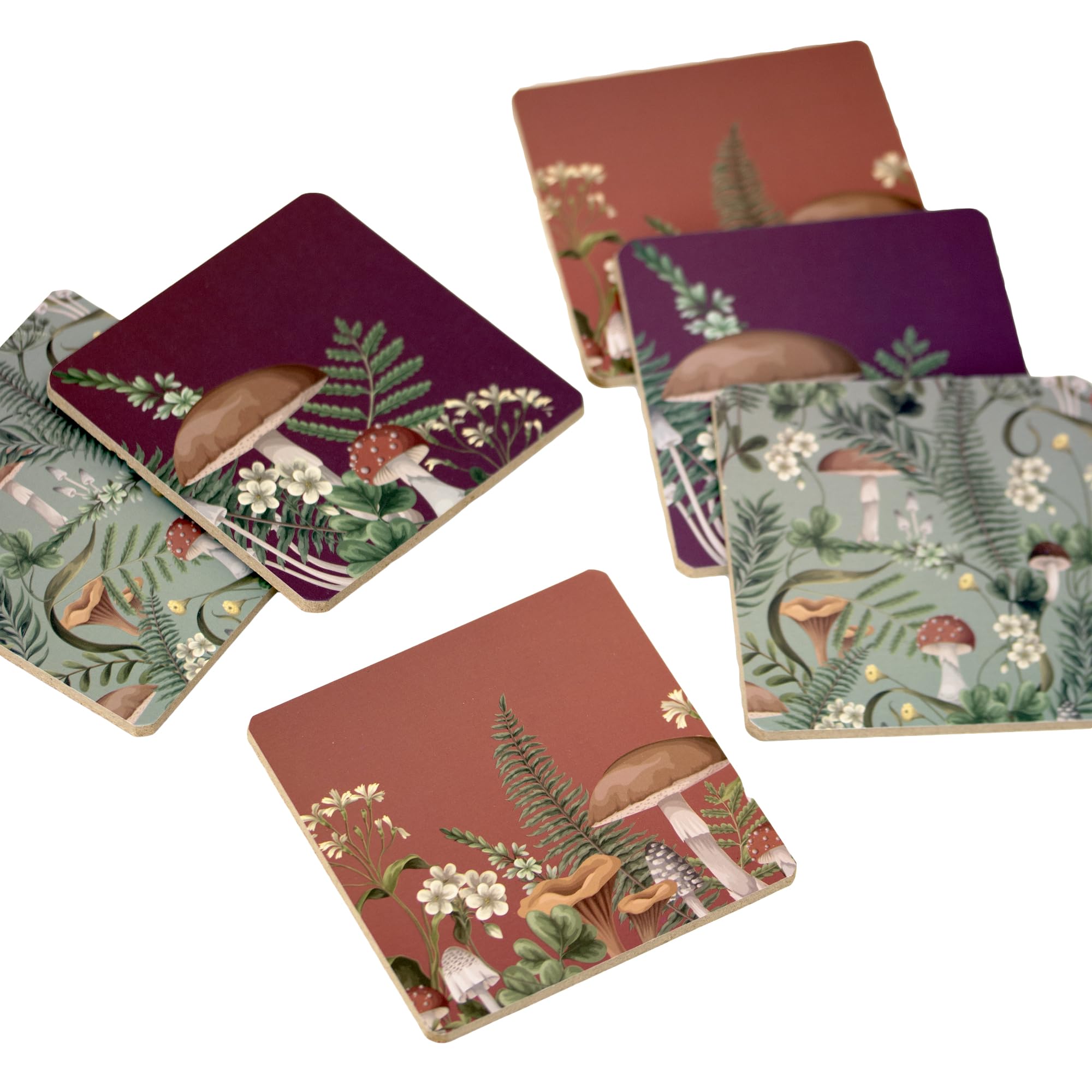 Darthome Multicolor Set Of 6 Woodland Mushroom Coasters 10X10cm Square Cork Forest Wildflower Drinks Mats