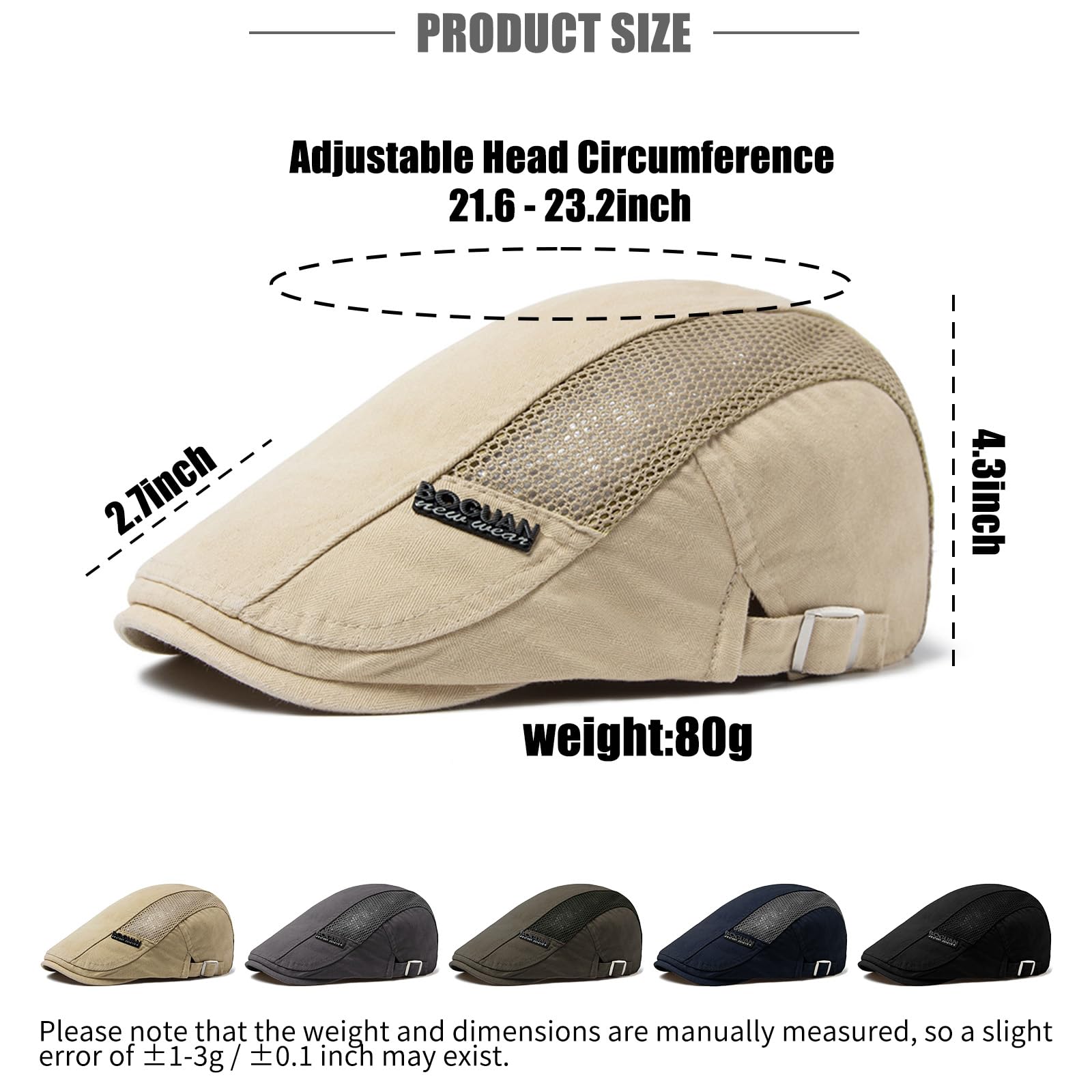 Rayson Beret Męska letnia czapka z płaskim kapeluszem, oddychająca siatka, regulowany Newsboy Flat Cap Vintage Ivy Hat