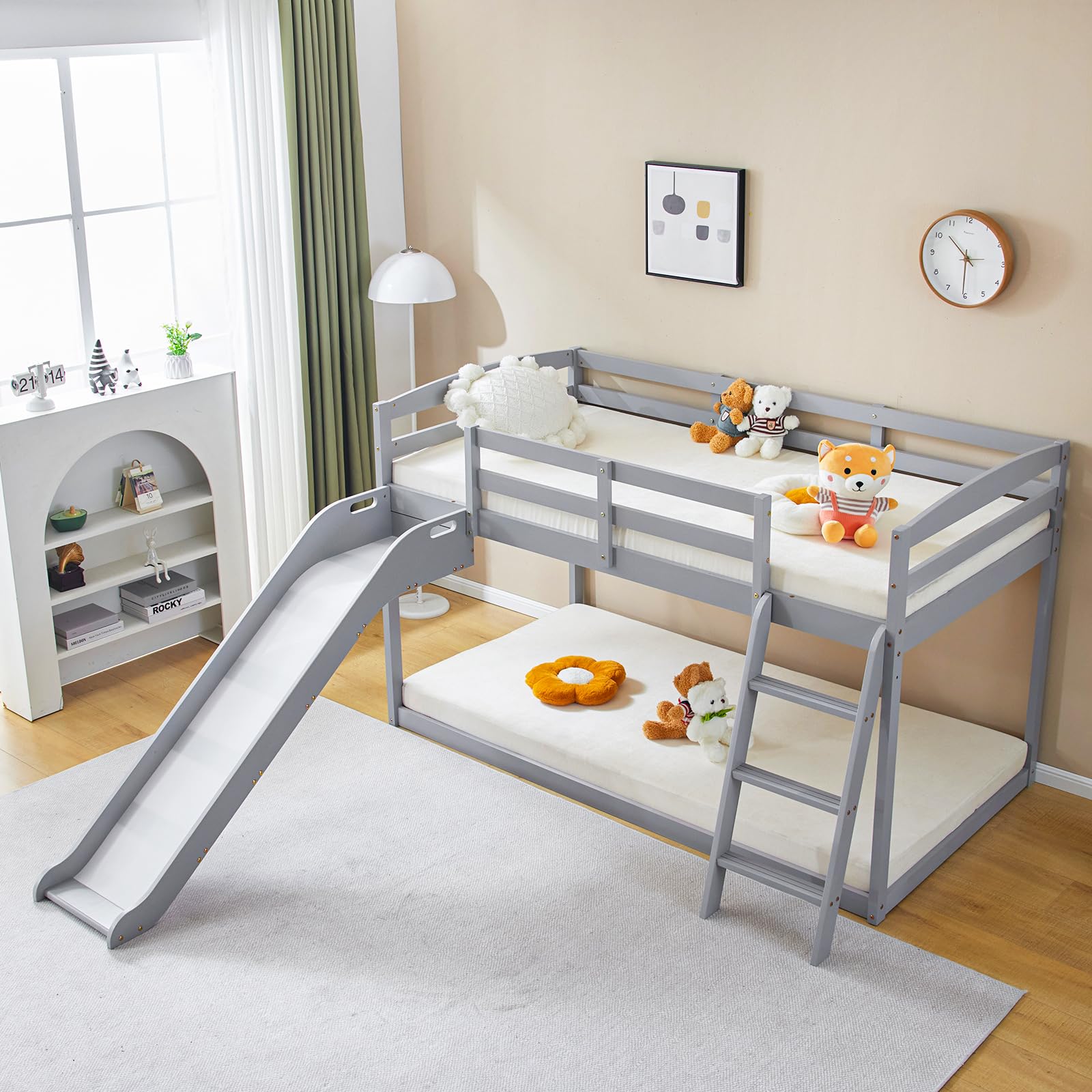 JOYMOR Bunk Bed with Curved Slide, Low Bunk Bed Twin Over Twin, Bunk Bed with Slide and Angled Ladder, Solid Pine Wood Slide Bed,14" Safety Guardrail, Anti-Slip Steps