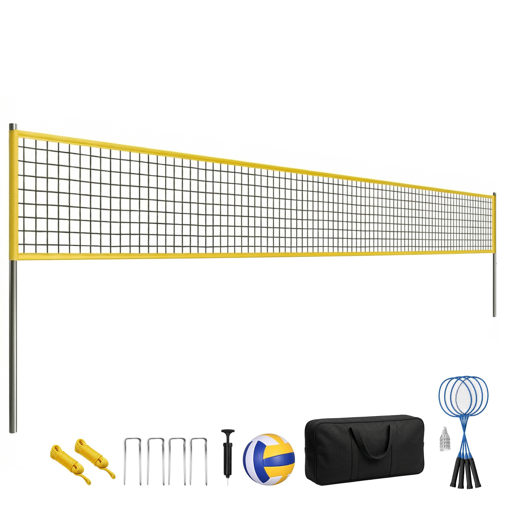 SPORTNOW Set di pallavolo e Badminton, pali in acciaio regolabile in altezza, pallone da pallavolo, rete Badminton portatile, 4 racchette da neve, 4 volant, borsa per il trasporto, per prato spiaggia