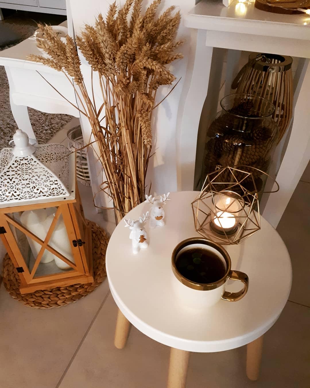 Spec-Wood Tabouret en Bois - Table Basse et Support de Fleurs - Décoration et Support pour Plantes - Rond - Blanc/Hêtre Naturel