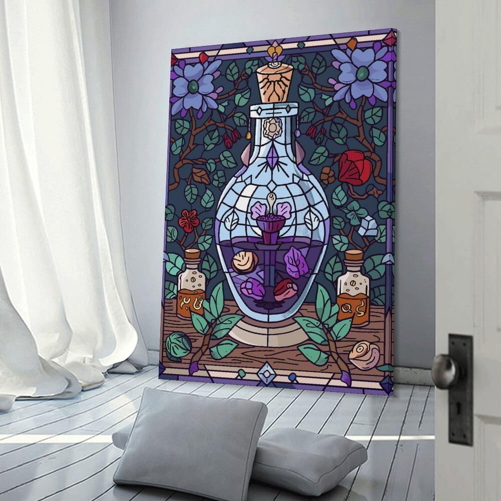 Junmoney Stained Glass Potion Bottle with Flowers Wall Art Print, 20x30inch(50x75cm), for Bedroom Decor, Cosy Corners Or Studios, Decorative Wall Art for Cosy Rooms