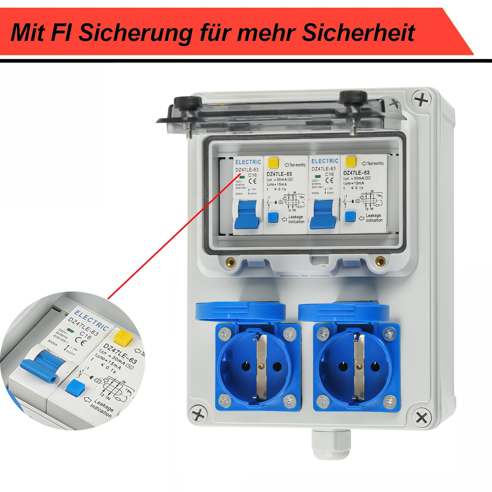 Baustromverteiler Wandverteiler Schuko CEE Steckdose Stromverteiler, 2x 16A 230V Bals Steckdose, 2x Fl-Schalter 25A 2-Polig