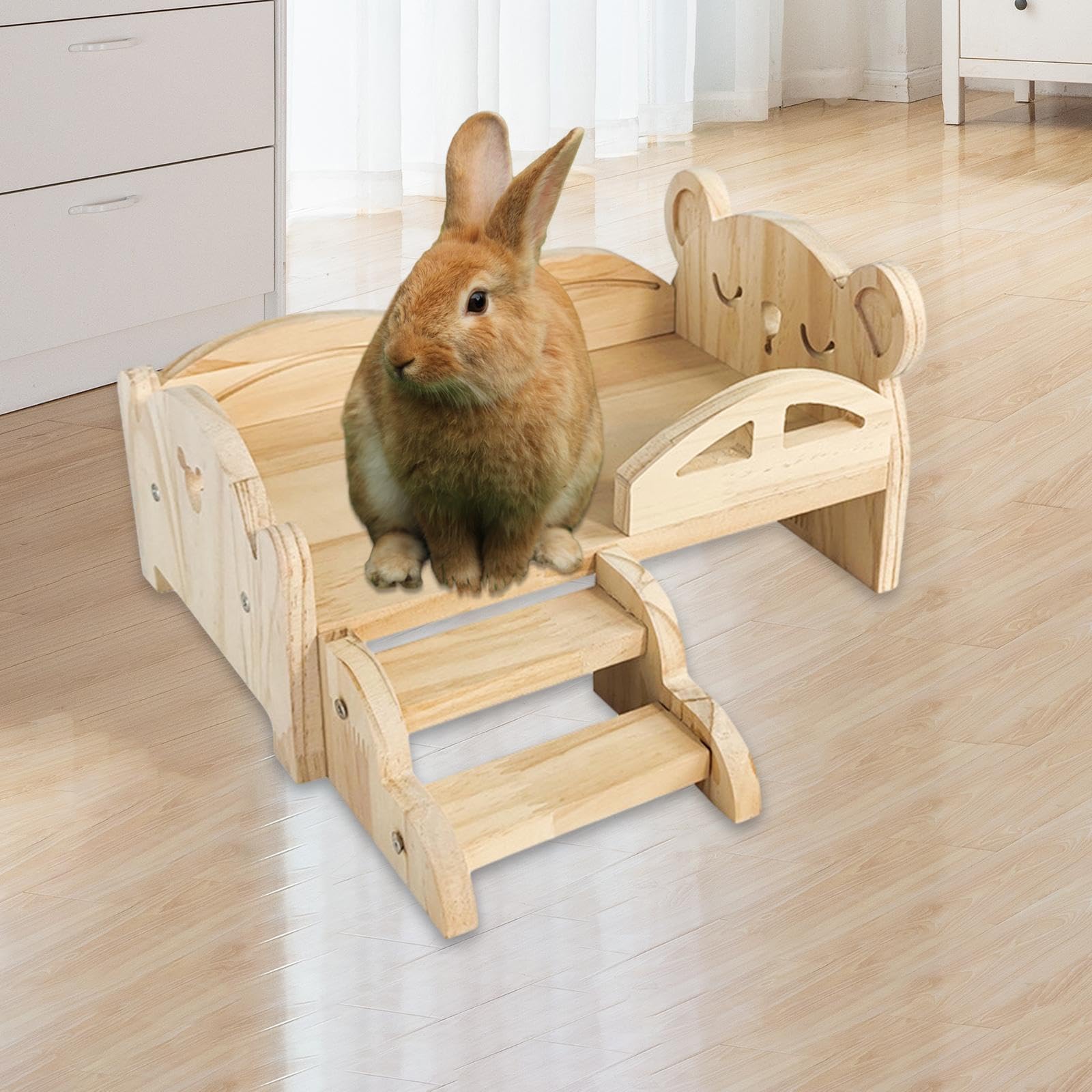 Cama para Cobayas, Cama para Animales Pequeños con Escaleras, Hábitats para Mascotas Pequeñas, Cama de Madera para Hámsteres Y Conejos, Oso Grande