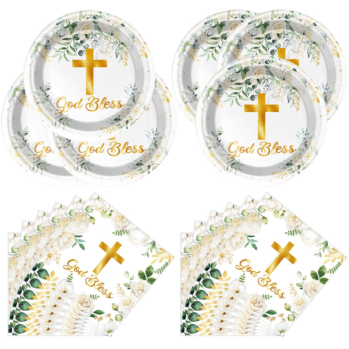 OULUN God Bless Tableware Set，First Communion 20 Plates and 20 Napkins,For Newborn Baptism Church Party Decoration