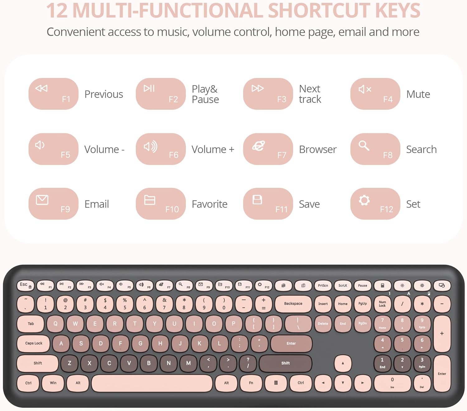 Fogruaden Quiet Pink Wireless Keyboard and Mouse, 2.4GHz Retro Cute Typewriter-Style Full-Size Colorful Keyboard and Mouse Combo, Slim Design, Low-Noise Typing for Home, Office, Windows PC, Laptop