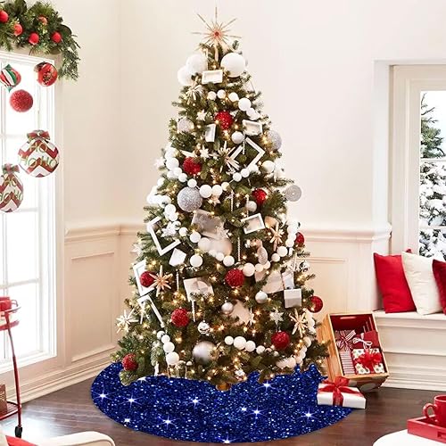 Miniatura 6 de Falda azul para árbol de Navidad de 46 pulgadas, falda de árbol de lentejuelas brillantes, falda de árbol de terciopelo azul, falda reversible para