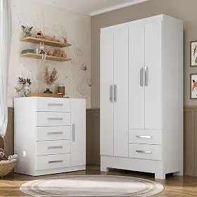 Quarto Infantil Completo Guarda Roupa 4 Portas 2 Gavetas com Cômoda Amy Espresso Móveis Branco