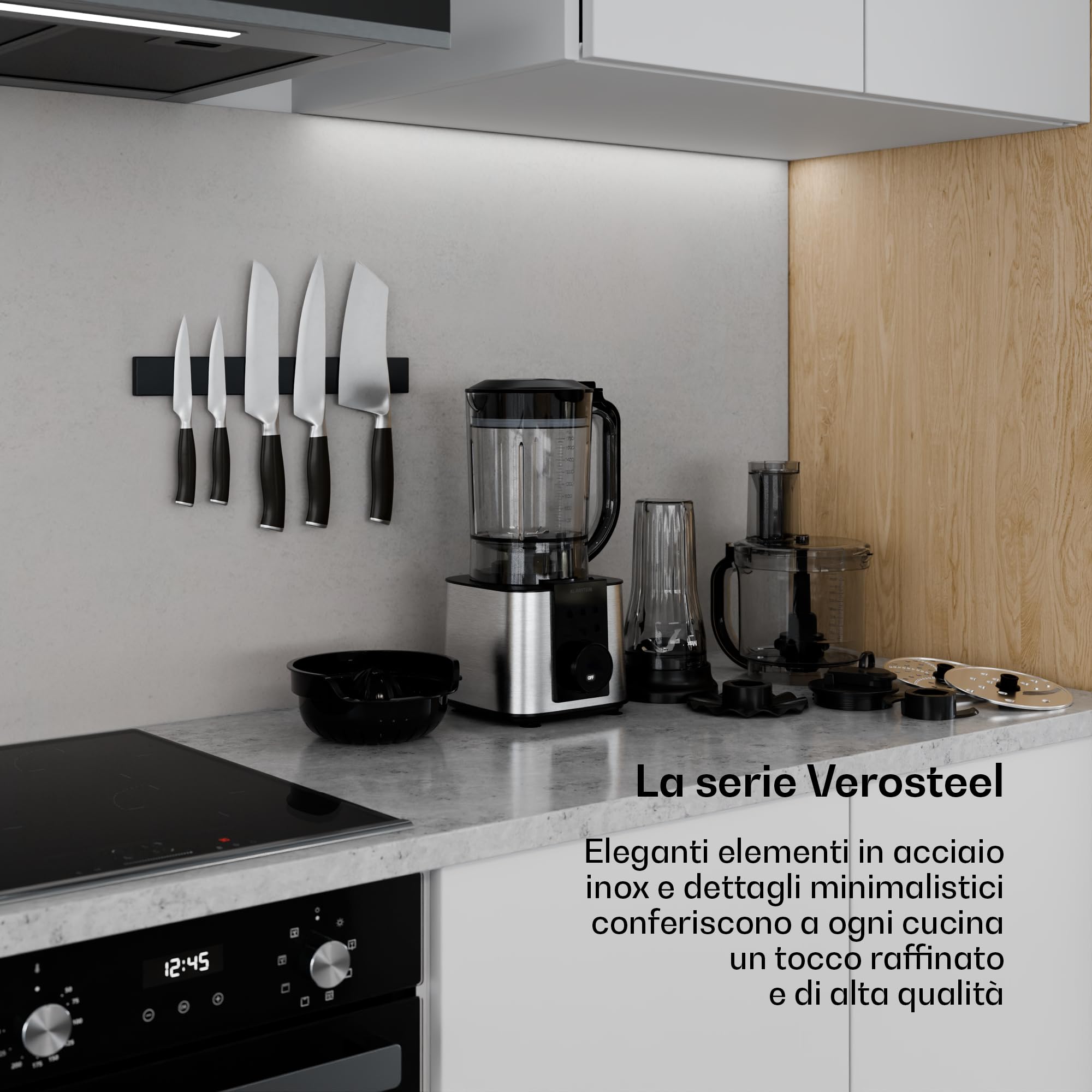 Klarstein Verosteel Robot da Cucina con Frullatore - Robot da cucina multifunzione da 1200 W, ciotola da 2 L, frullatore da 1,75 L, 10 velocità, 6 programmi, spremiagrumi e tritacarne