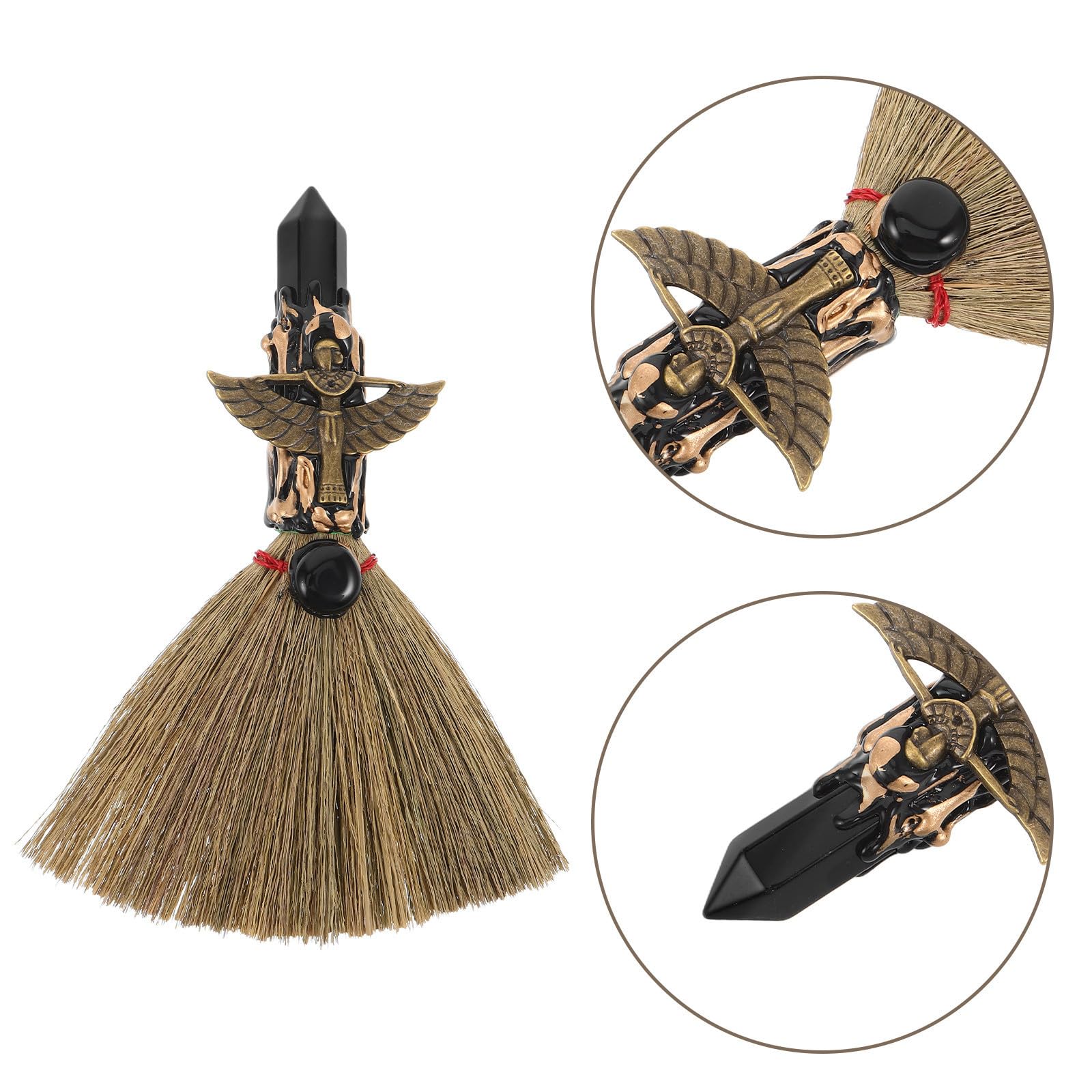SEWACC 4 Piezas Escoba de Mano Natural de Obsidiana Negra y Palma para Limpieza de Escritorio, Mini Escoba Mágica Artesanal Diseño Único para Decoración y Uso Personal