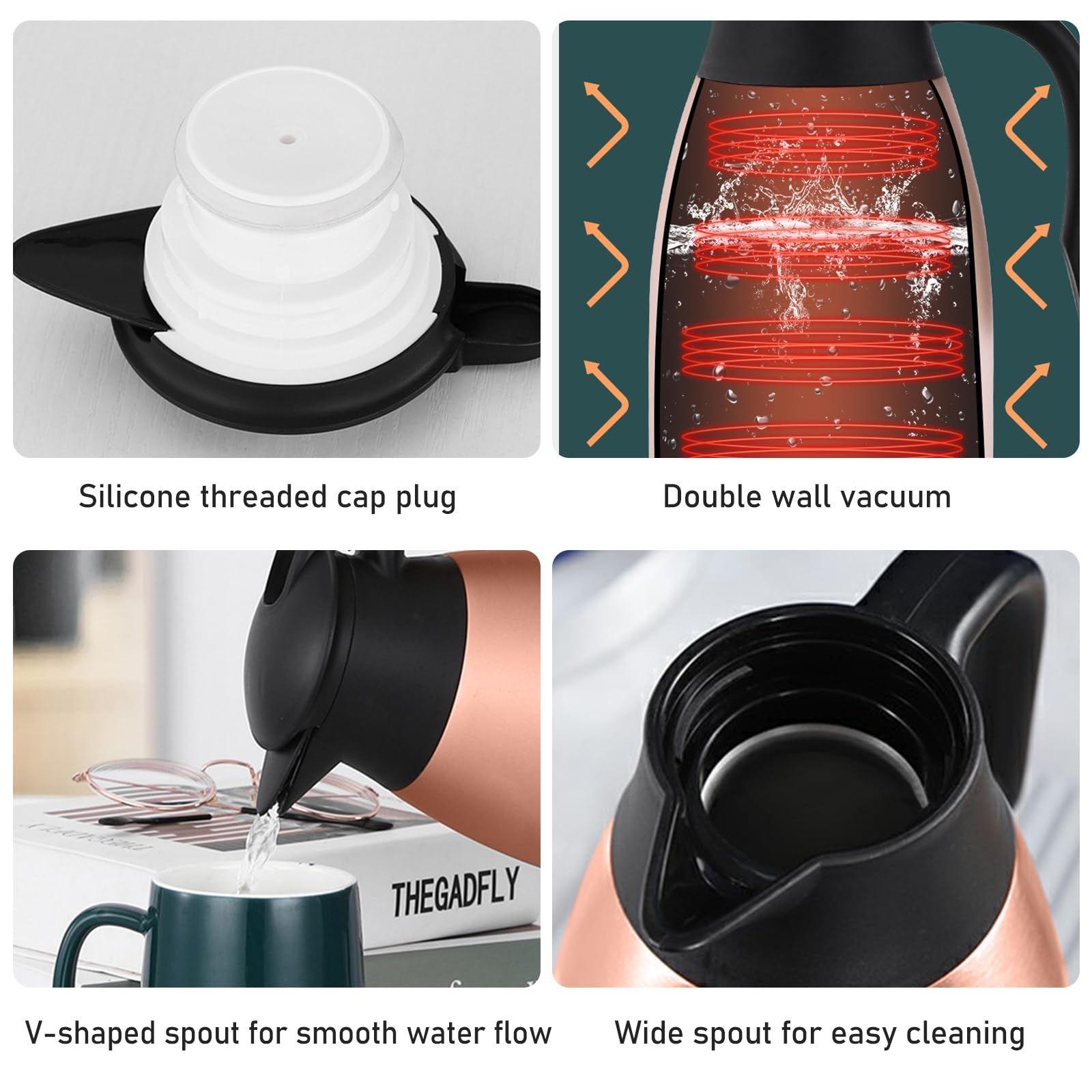 Caffettiera in acciaio inox: thermos da 2 l, rosa caffettiera thermos, a doppia parete, per uso domestico, in acciaio inox, per famiglia e ufficio, caraffe per bevande calde e fredde