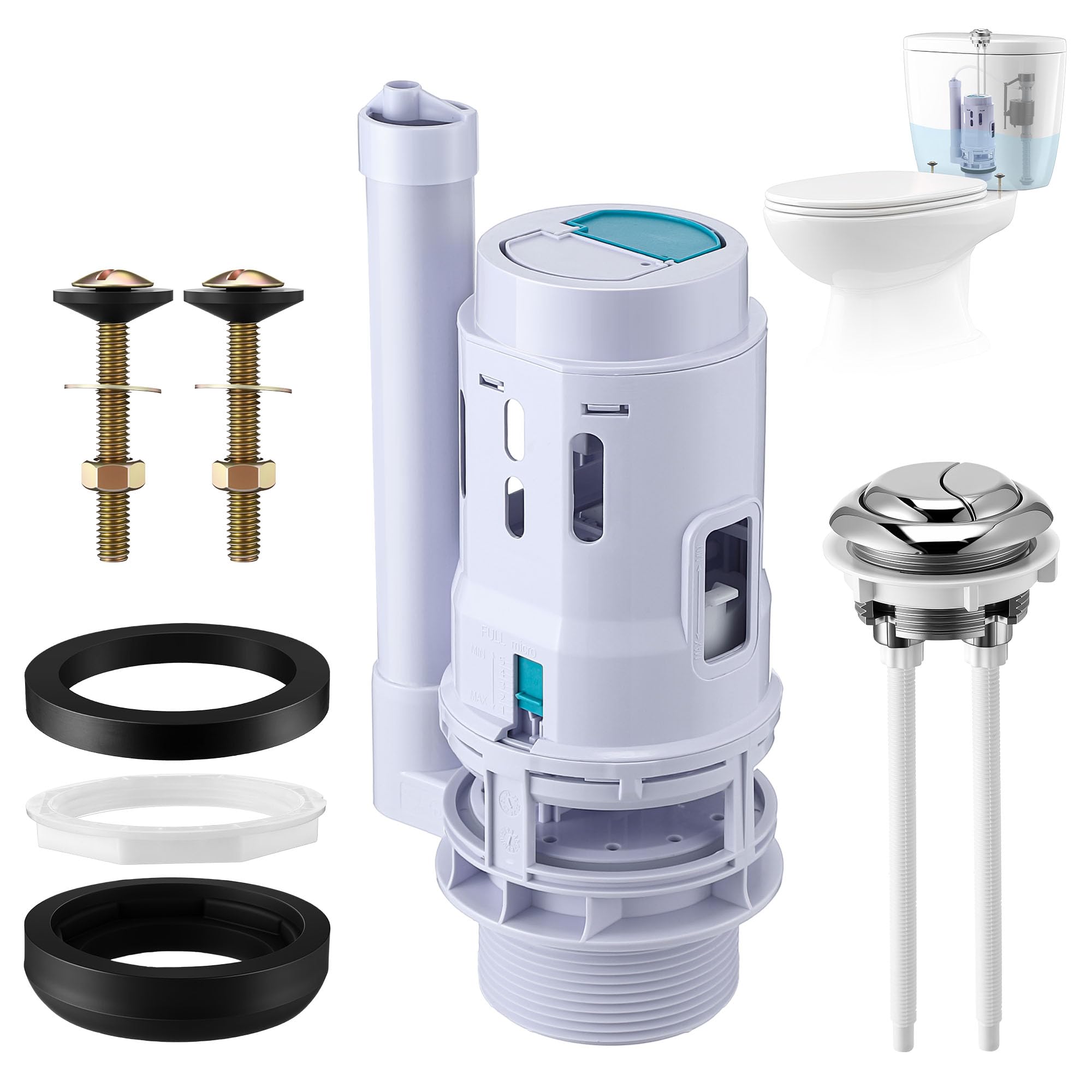 Photo 1 of ***Crucial Parts missing***Saillong 3 Inch Dual Flush Valve Replacement Kit with Top Push Button, Tank to Bowl Gasket and Bolts, Toilet Repair Kit Inside Tank for 2 Piece Toilet, Easy to Install(1 Pack)***Crucial Parts missing***