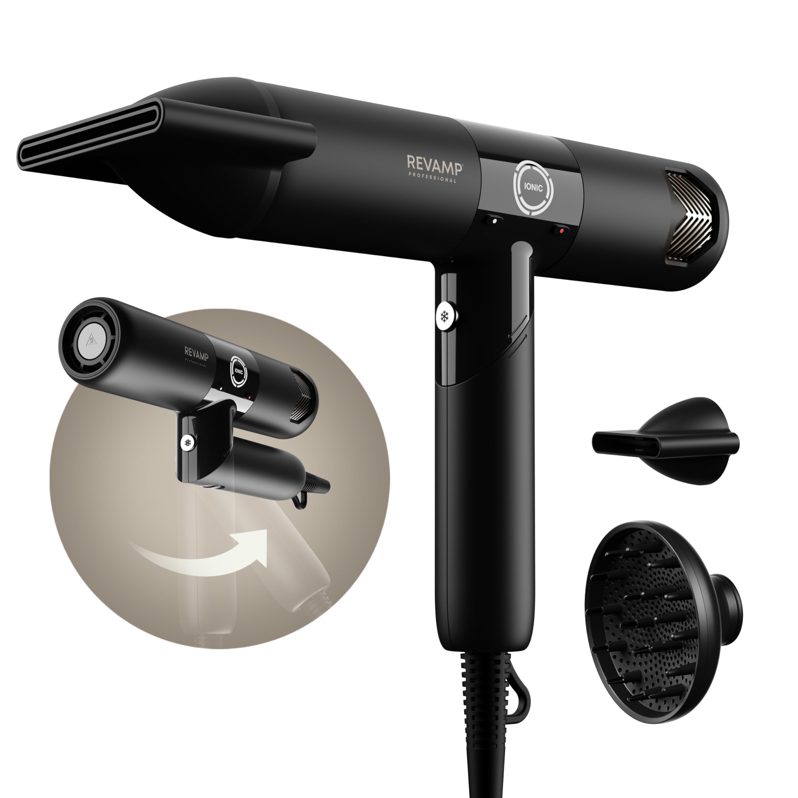 REVAMP Enigma Revelation Seche Cheveux Ionique - Moteur Digital Intelligent pour un Séchage Rapide, Sèche-Cheveux Diffuseur Boucle, Léger - 3 Accessoires Magnétiques, pour un Coiffage Professionnel