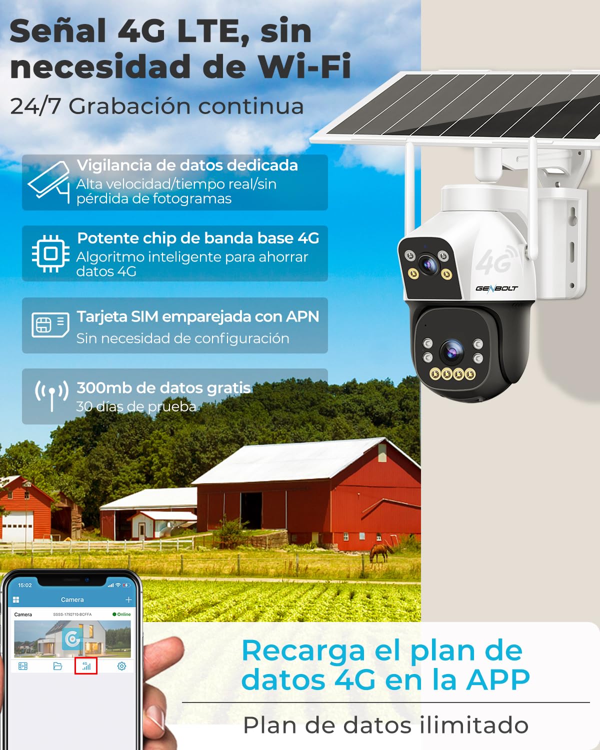 GENBOLT 4G AOV Solar Cámara Vigilancia Exterior Inalámbrica, Grabación 24/7 3MP+3MP Cámara IP Seguridad Exterior con Detección de IA de Tarjeta SIM Batería 15600mAh 8W, CCTV Cámaras Seguridad